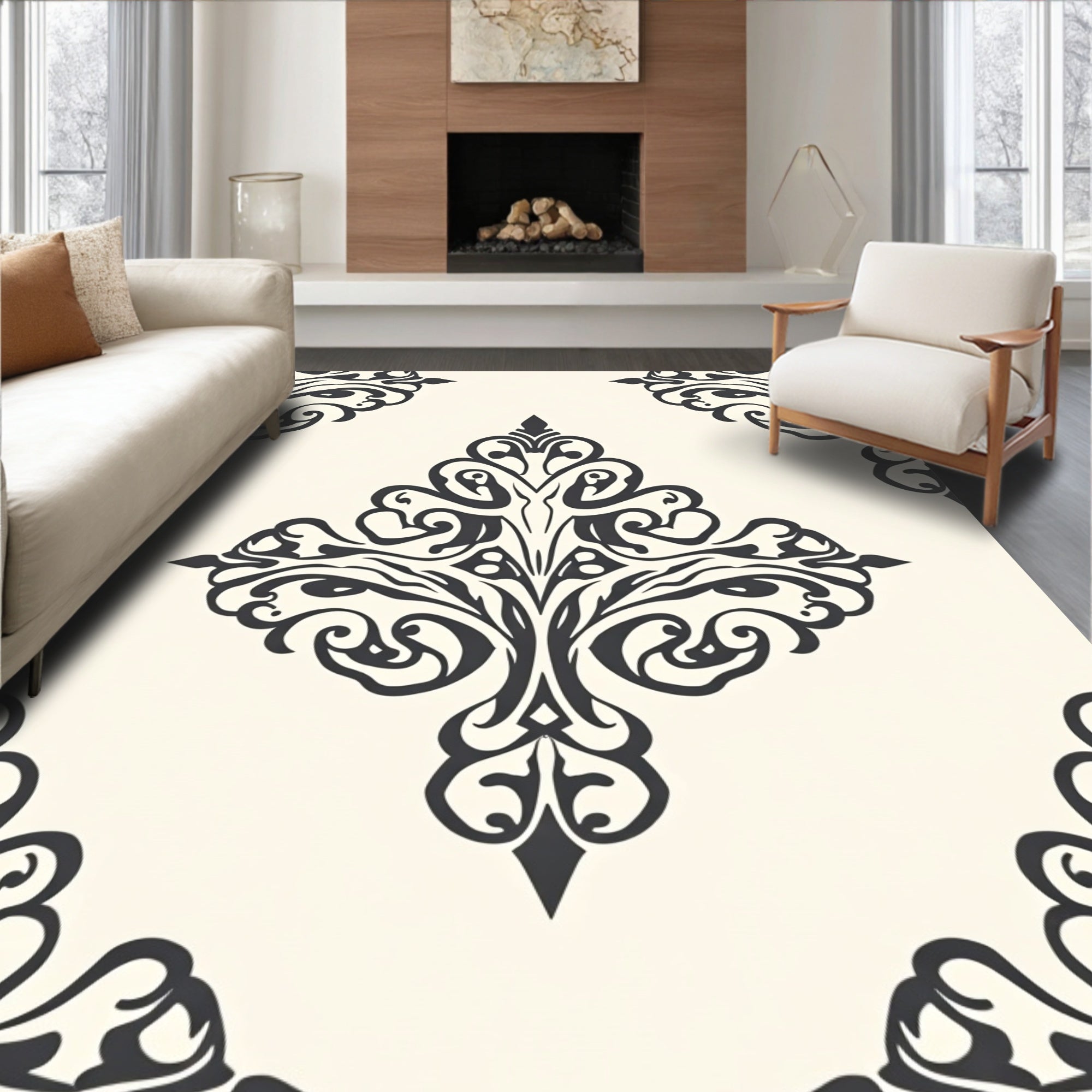 Ornate Scrollwork Damask Pattern Rug