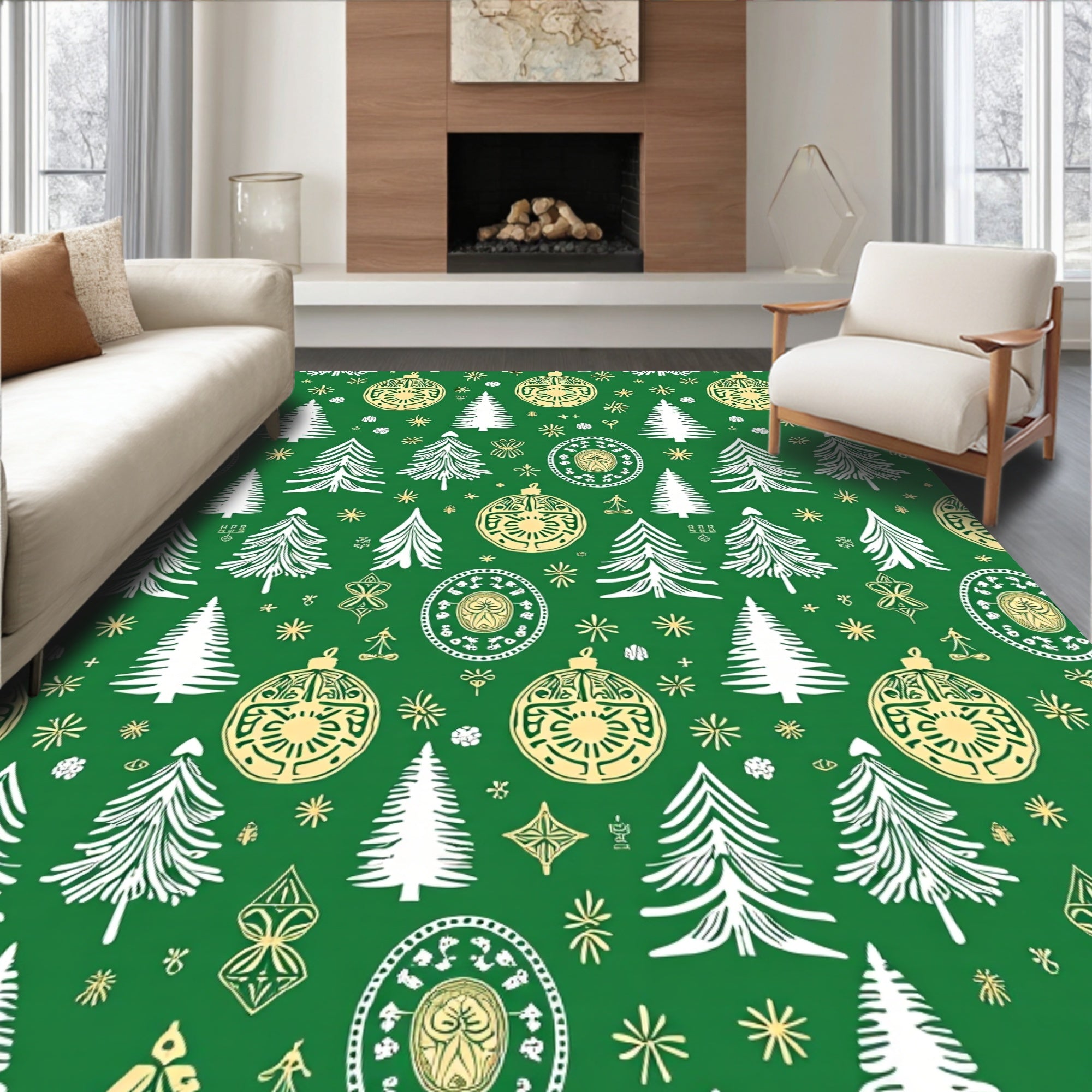 Green White Golden Tree Medallion Rug