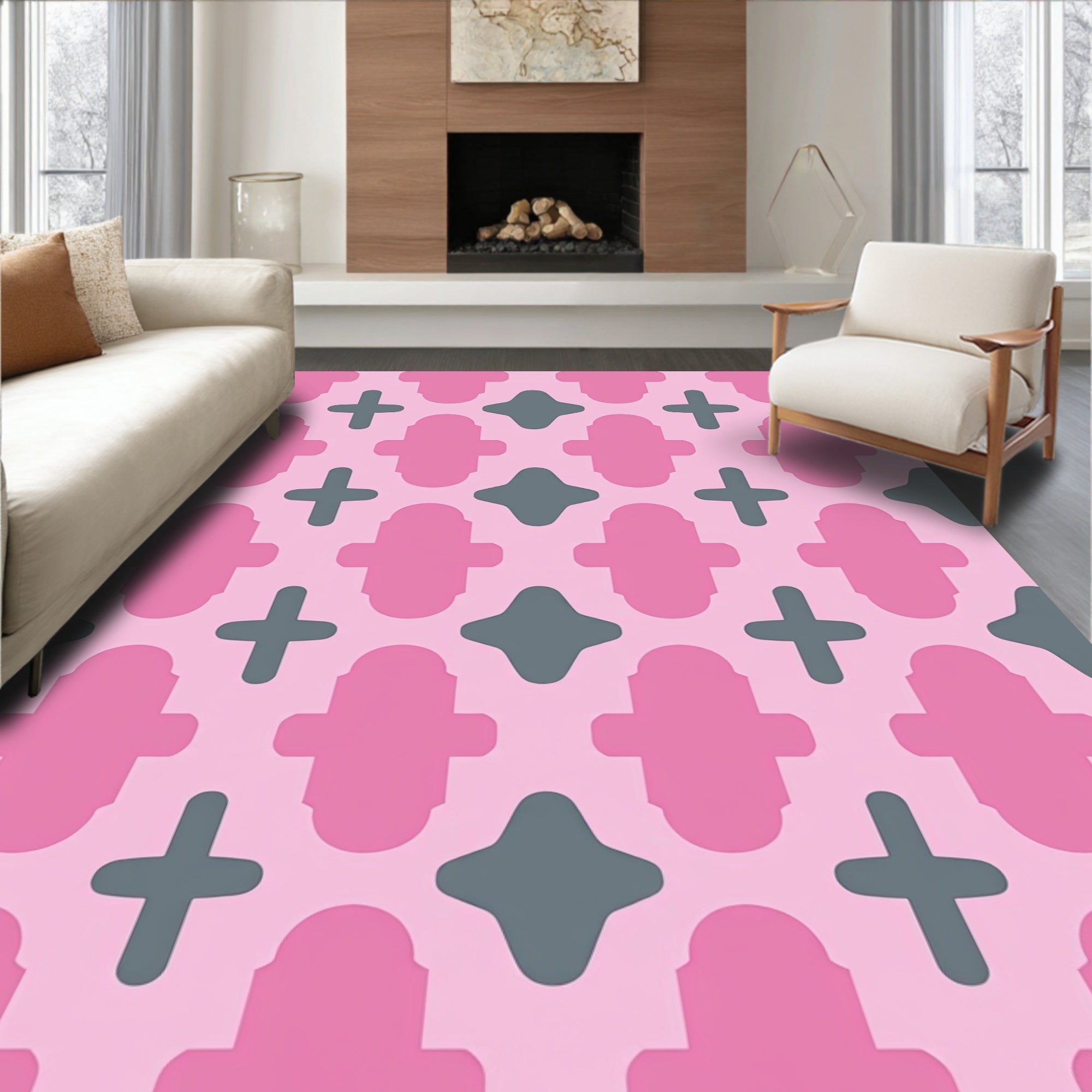 Pink Gray Geometric Pattern Rug