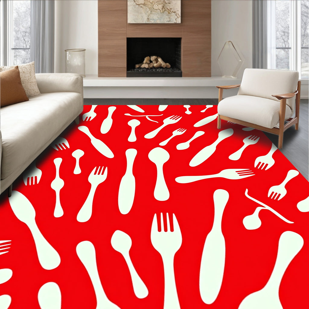 White Cutlery Scattered Red Background Rug