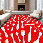 White Cutlery Scattered Red Background Rug