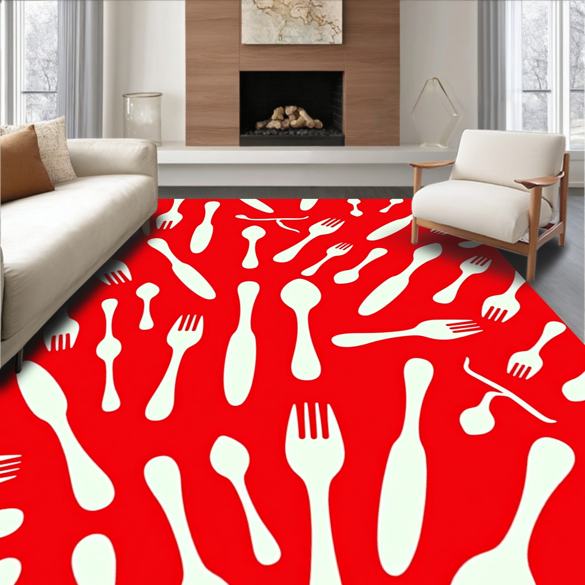 White Cutlery Scattered Red Background Rug