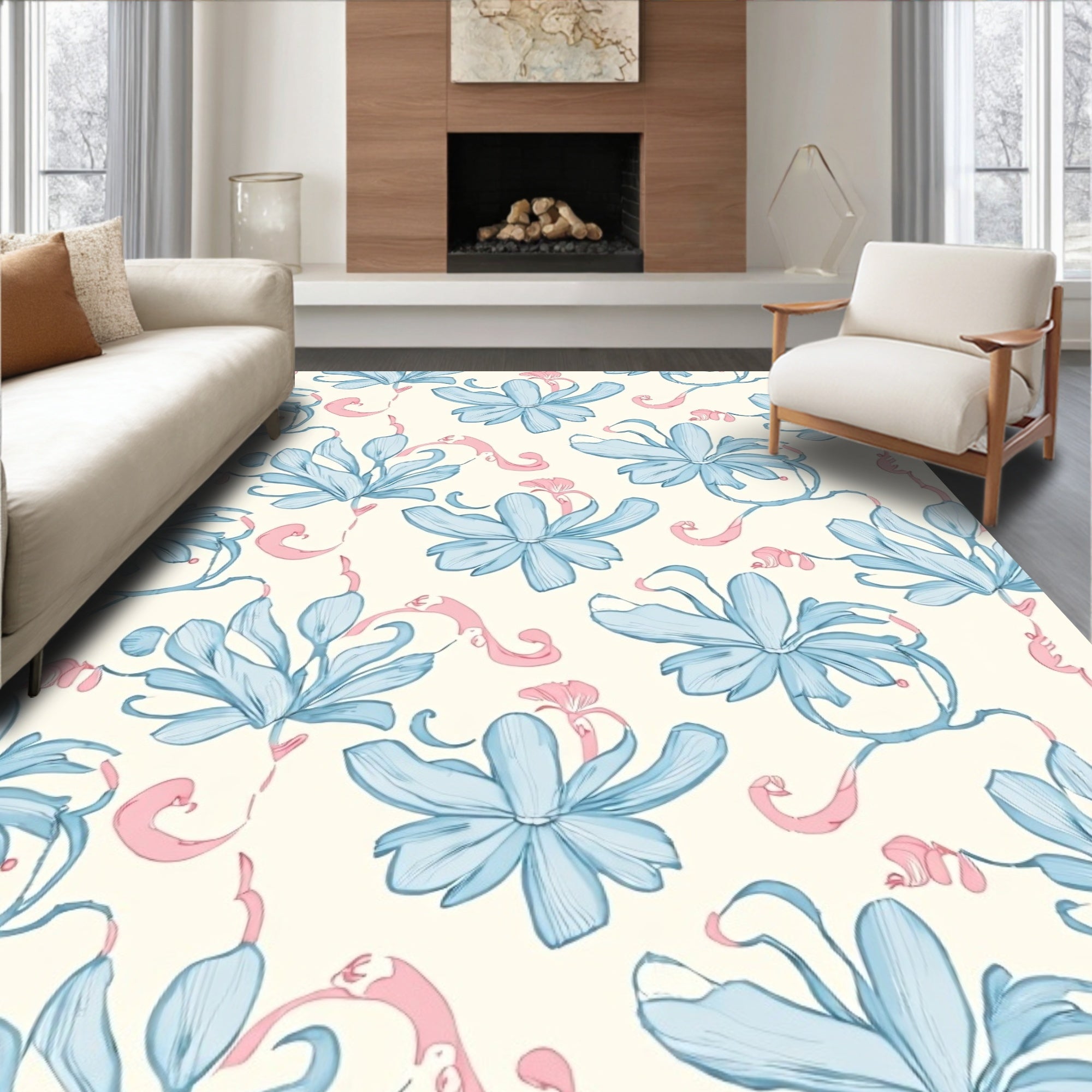 Art Nouveau Floral Drawing Blue Pink Accent Rug