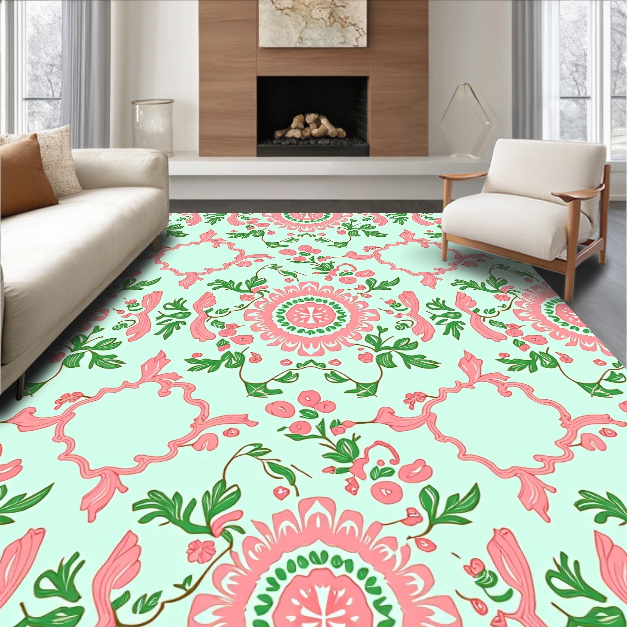 Pink Floral Swirl Design Rug