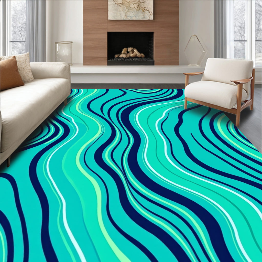Aqua Navy Wavy Stripe Design Rug