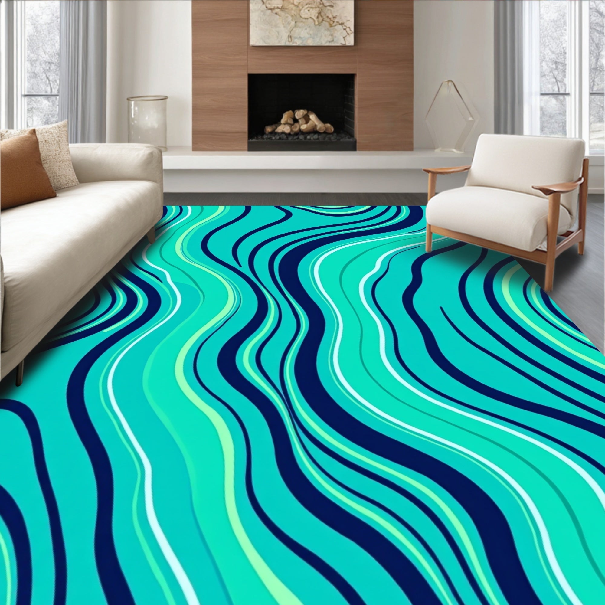 Aqua Navy Wavy Stripe Design Rug