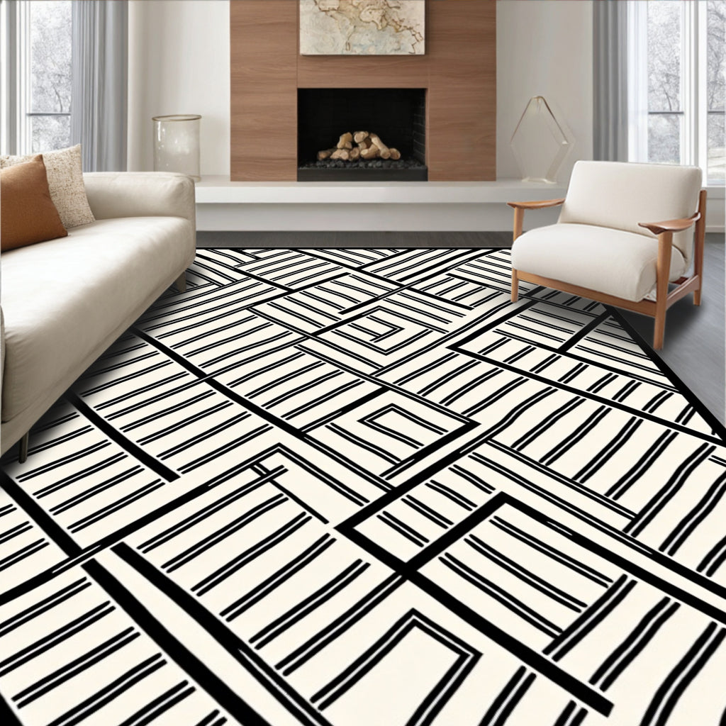 Black White Interlocking Stripe Pattern Rug