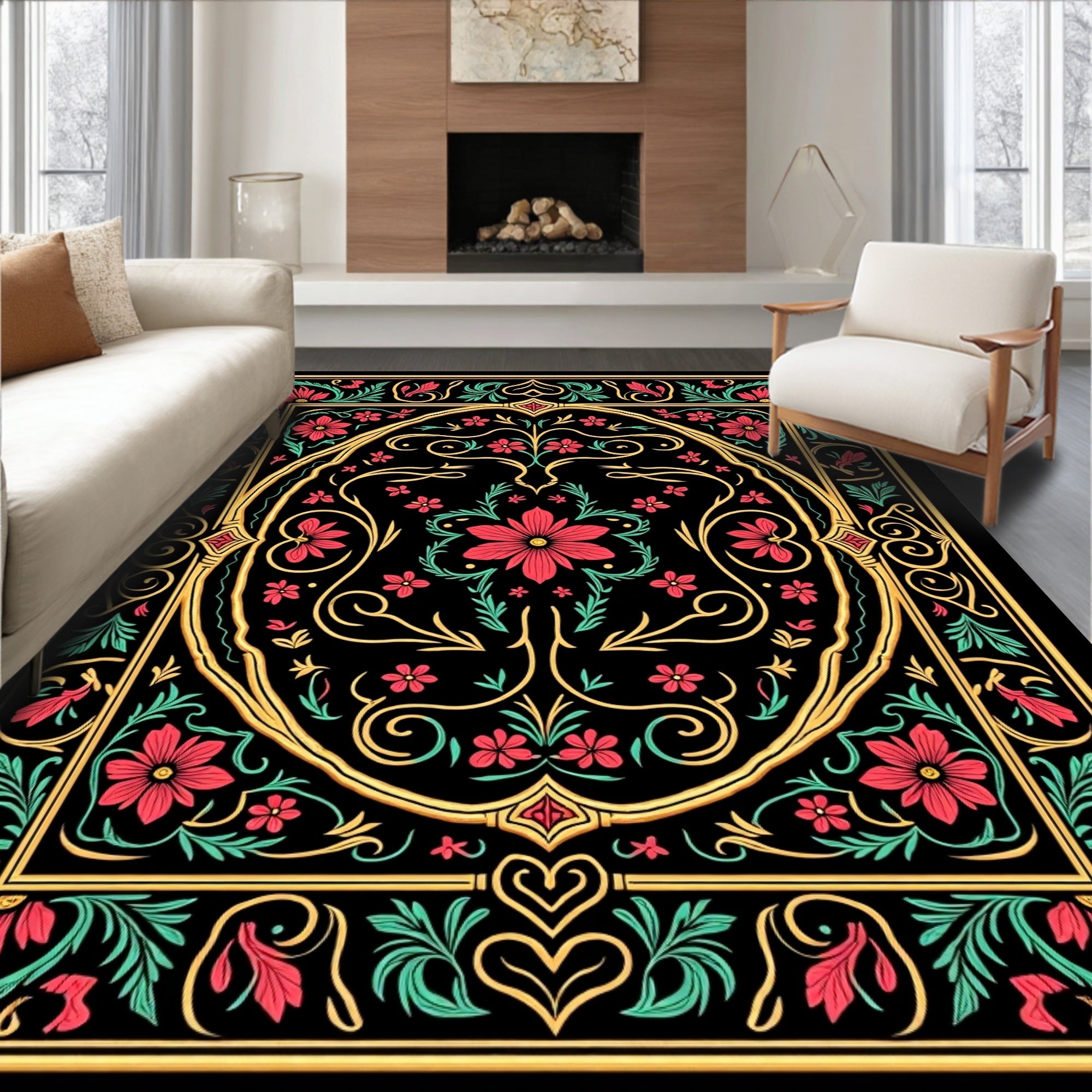 Ornate Floral Vines Black Rug