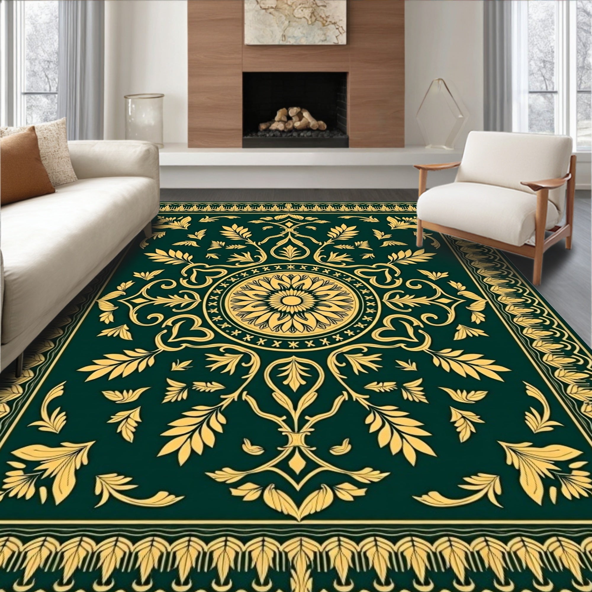Elegant Gold Floral Patterned Rug