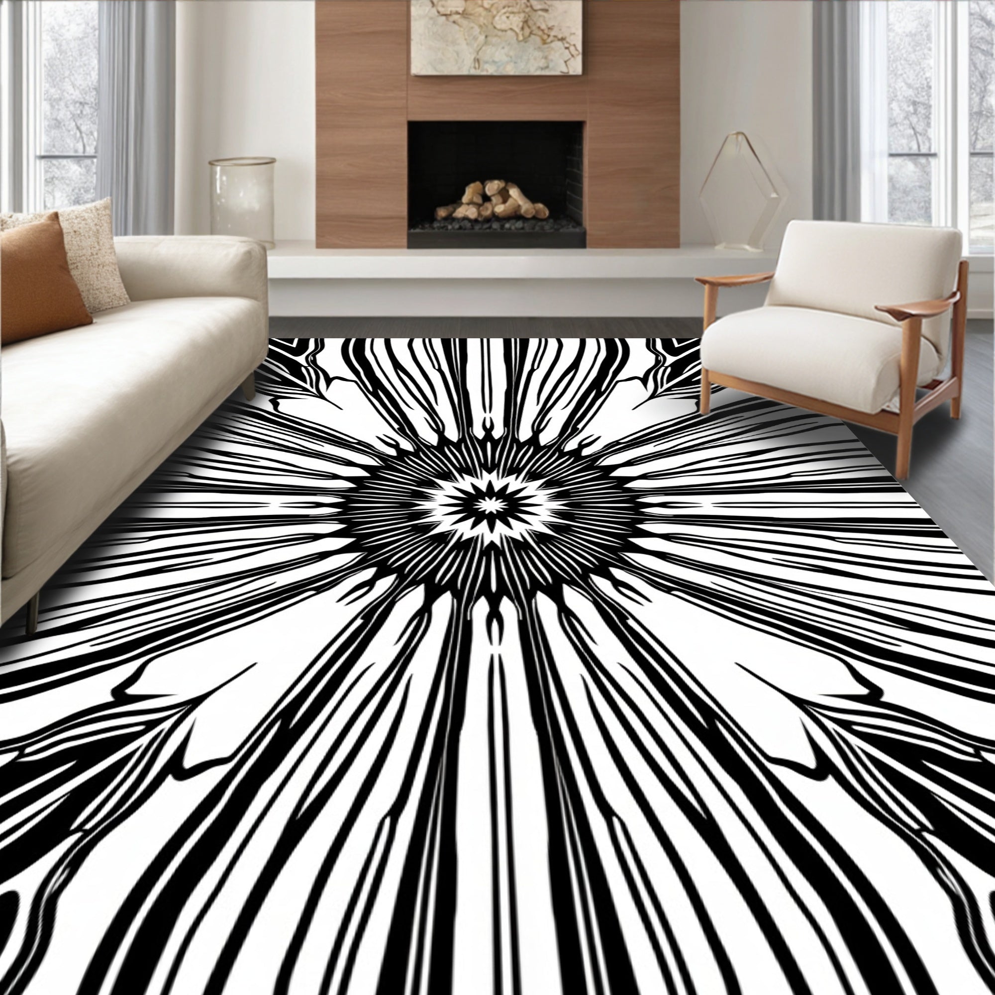 Bold Black Radial Starburst Pattern Rug