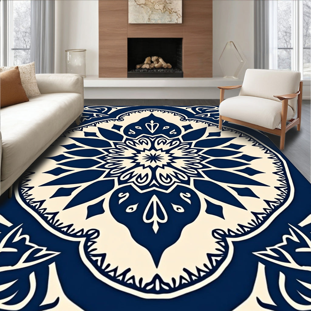 Elegant Navy Cream Mandala Pattern Rug