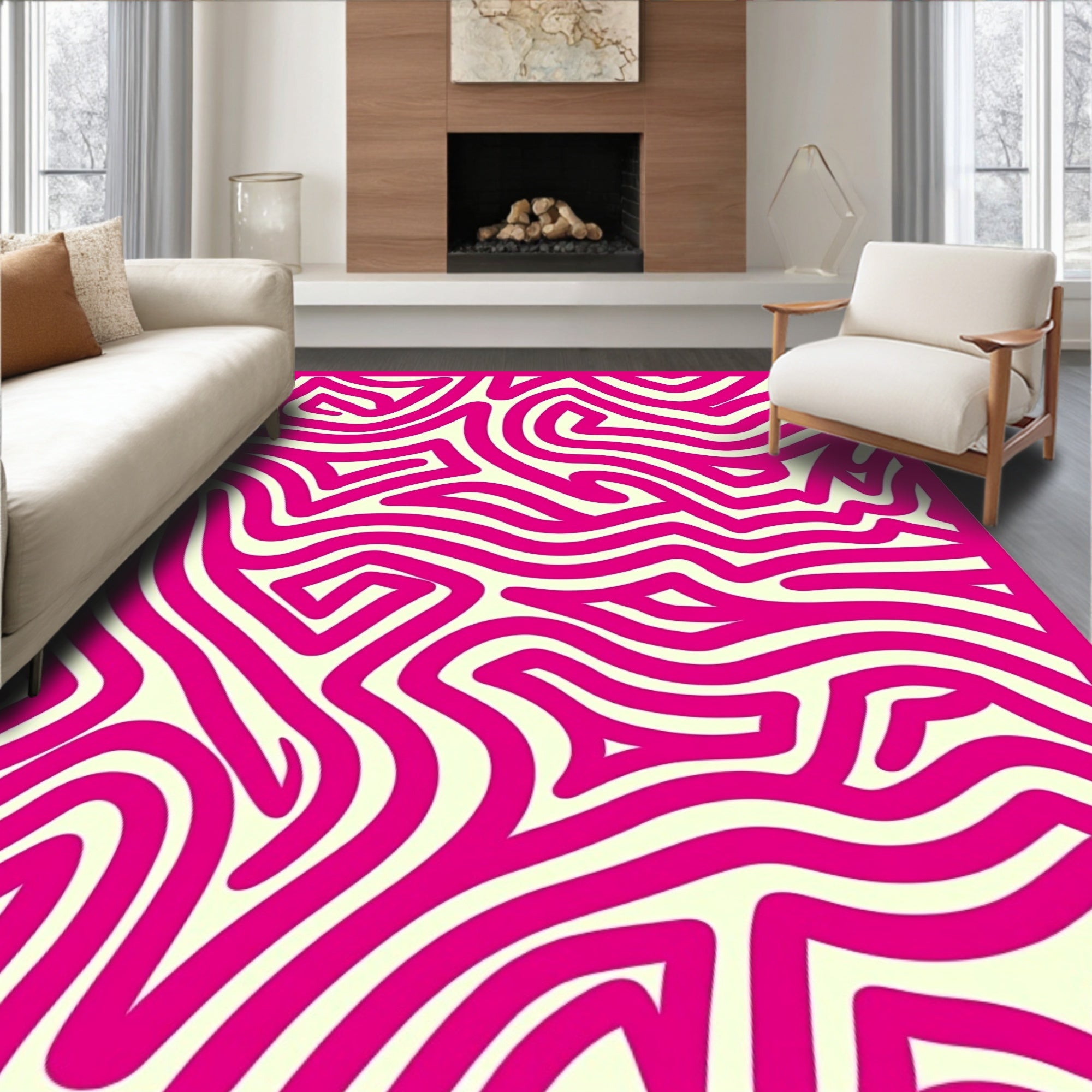Bold Pink Wavy Maze Abstract Rug