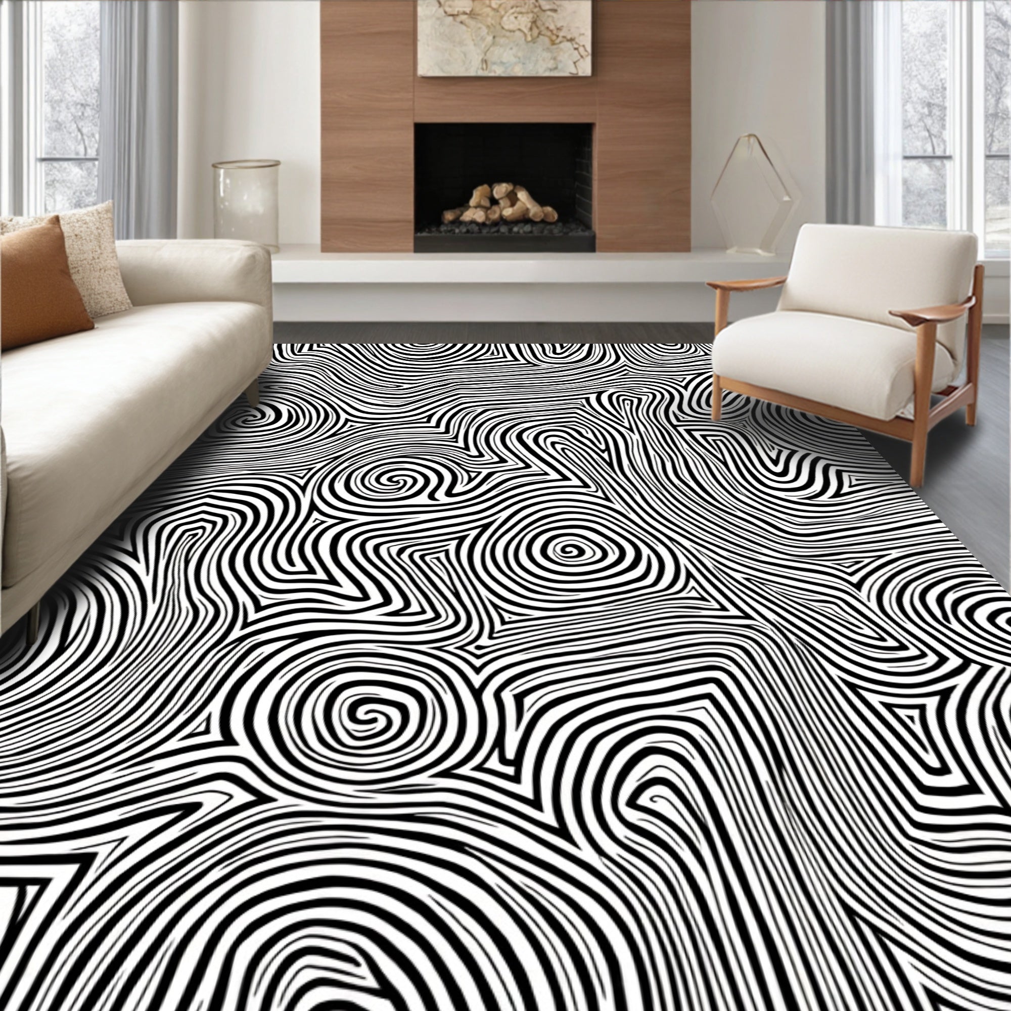 Abstract Black White Swirls Pattern Rug