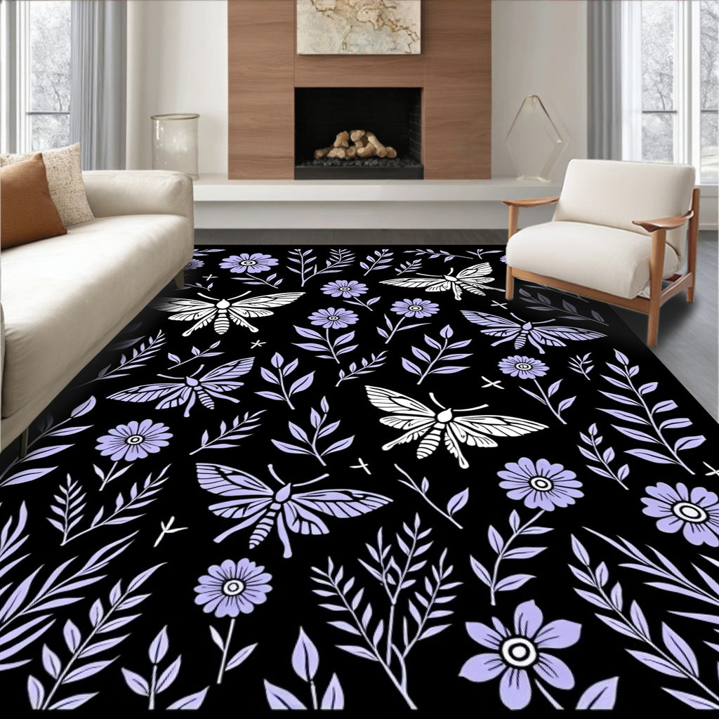 Whimsical Moth Floral Garden Illustration Rug