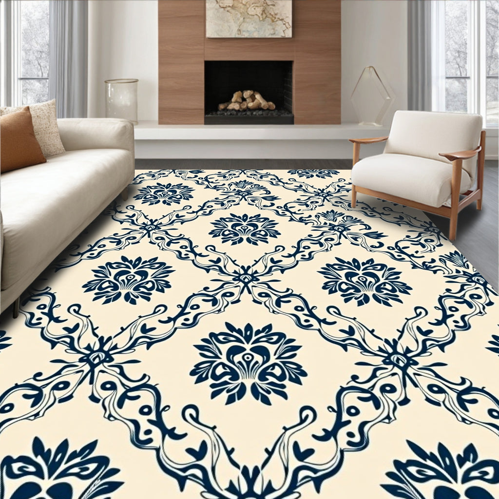 Classic Navy Floral Damask Rug