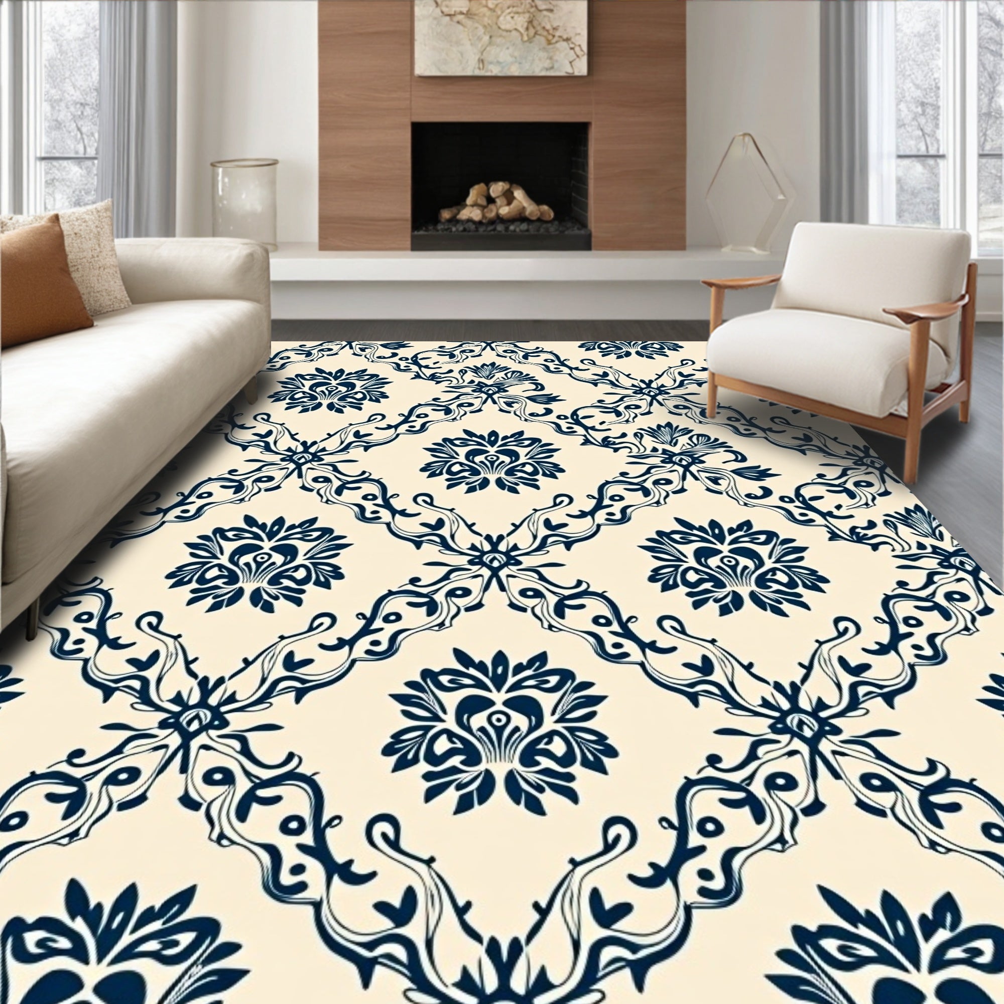 Classic Navy Floral Damask Rug
