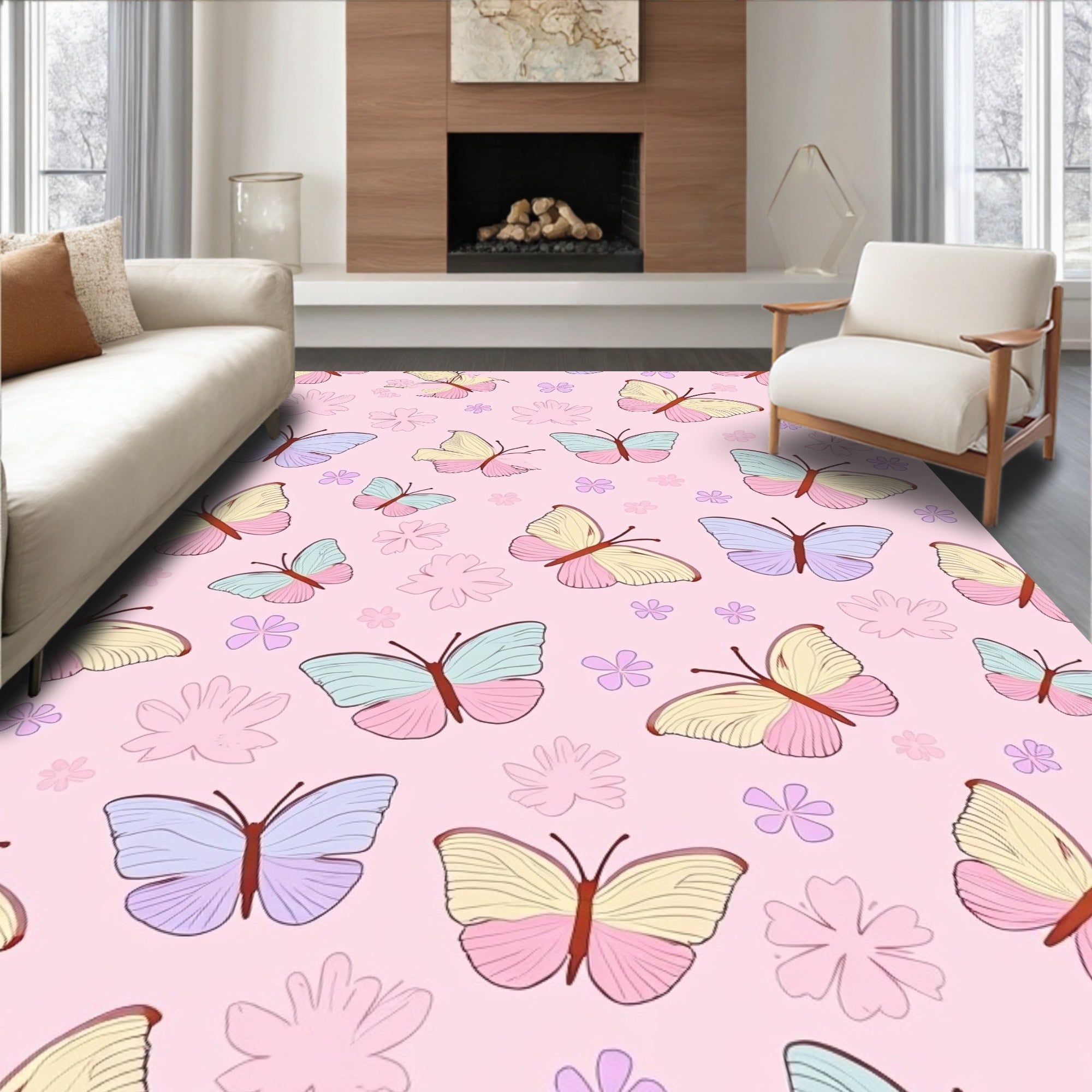 Whimsical Butterfly Flower Pattern Rug