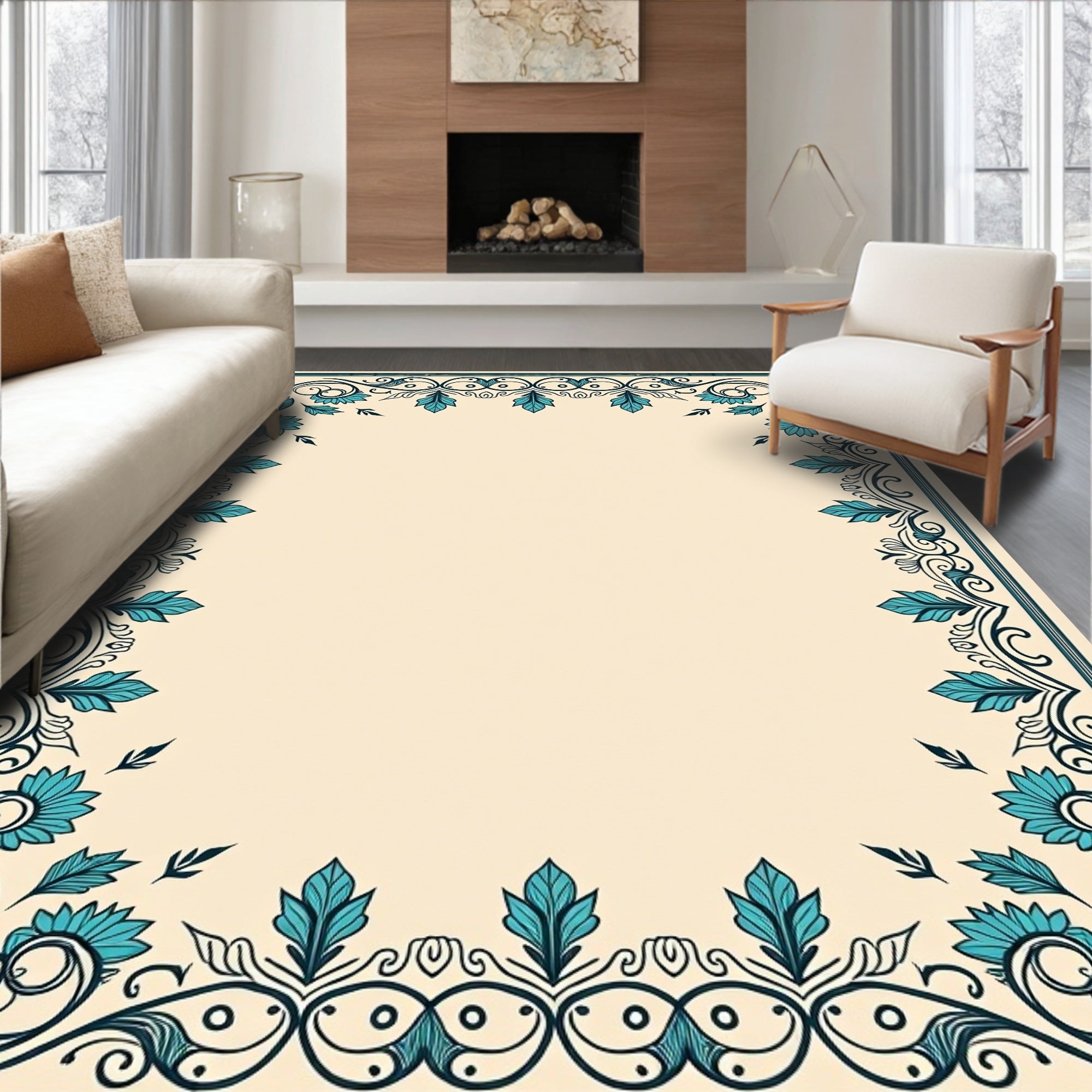 Elegant Teal Floral Scrollwork Design Rug