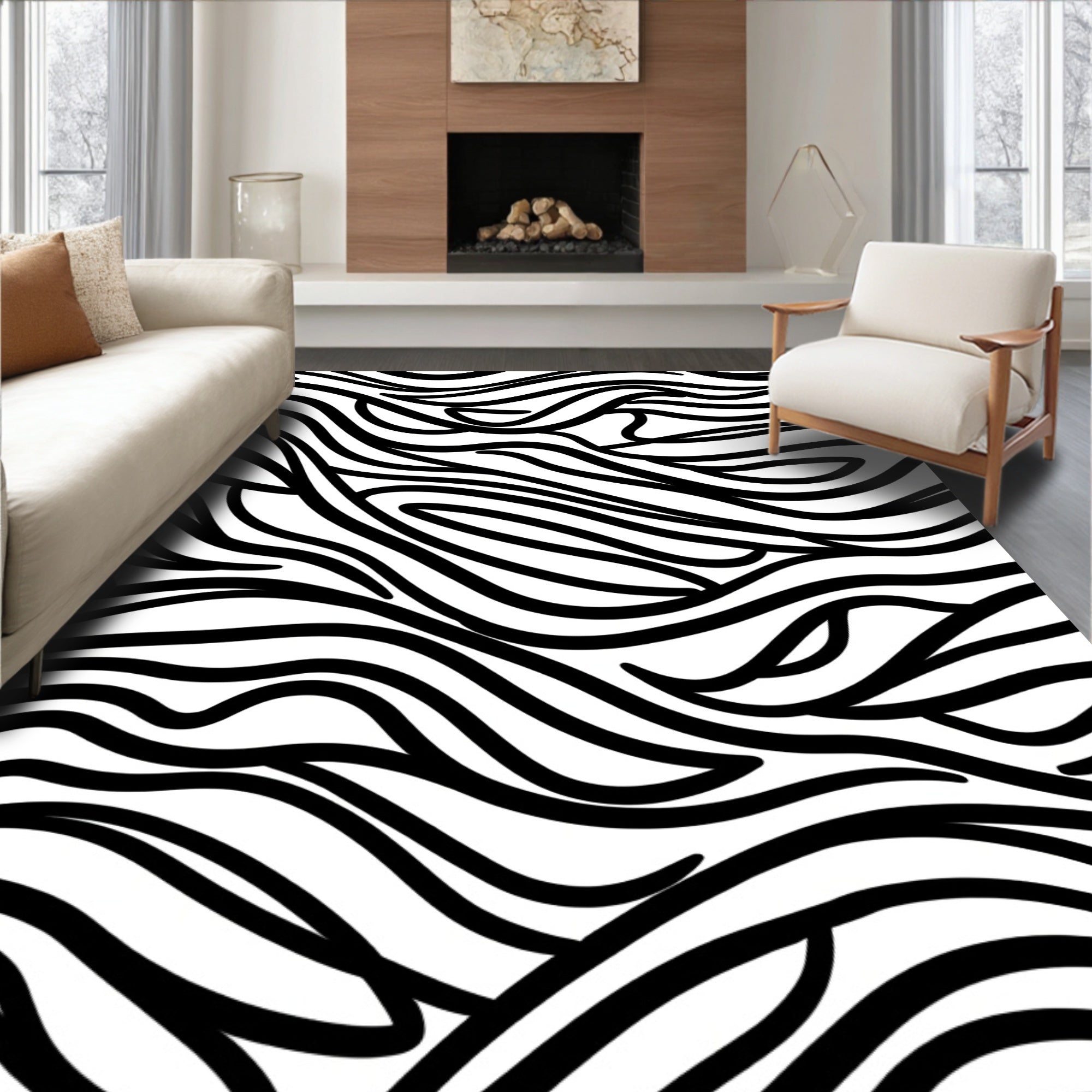 Bold Wavy Black White Pattern Rug