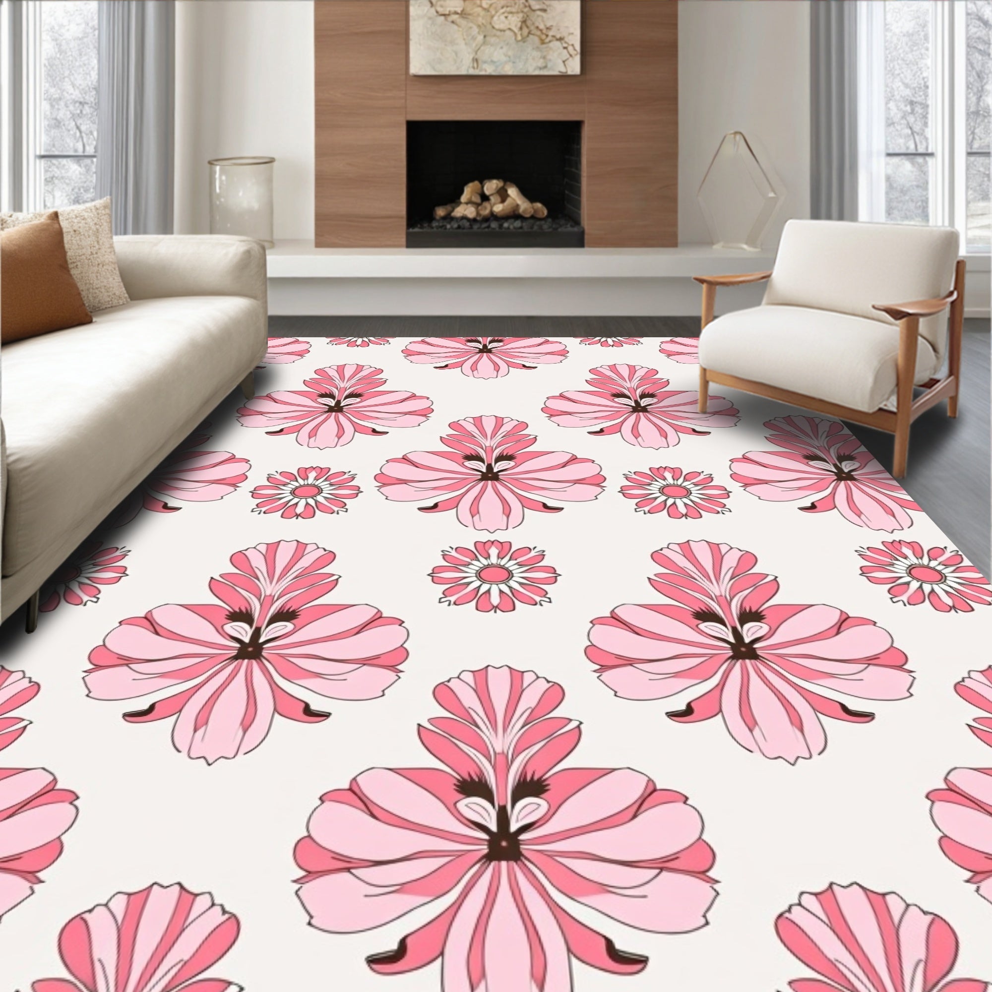 Pink Floral Pattern With Symmetry Rug