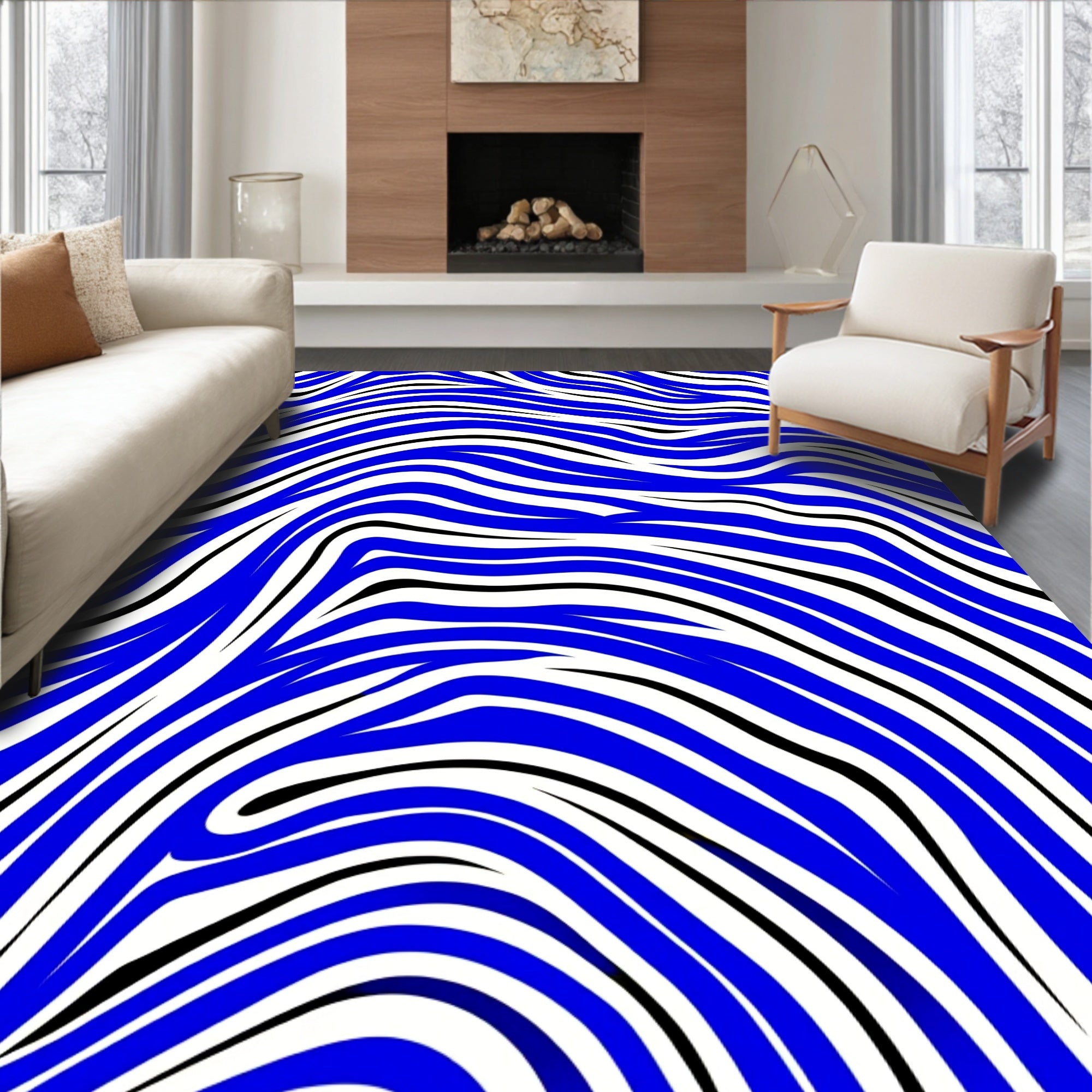 Flowing Blue Black White Abstract Rug
