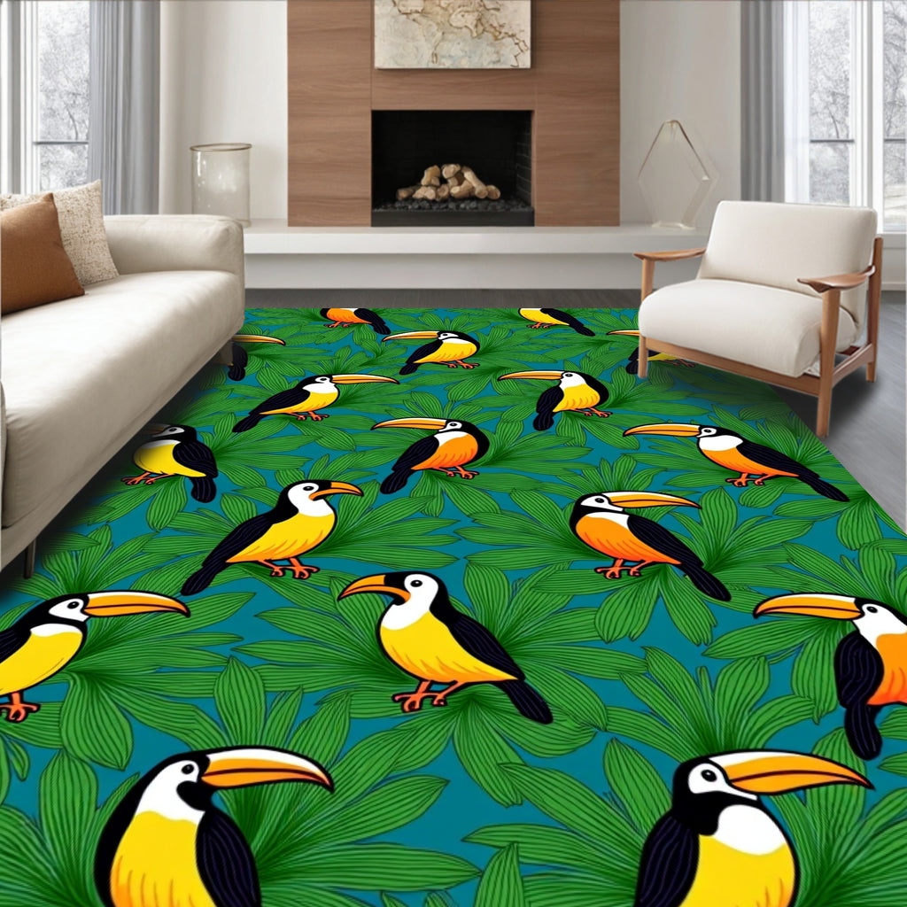 Tropical Toucan And Leaf Pattern Rug