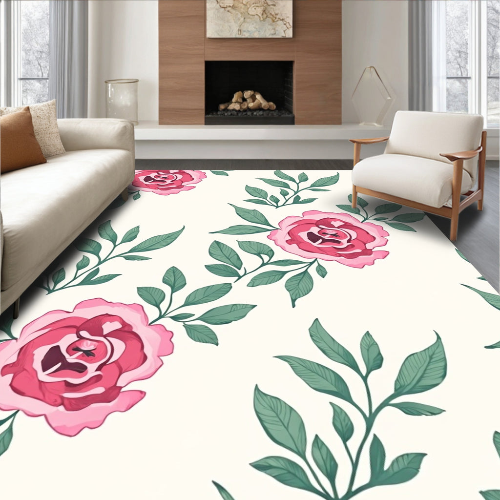 Delicate Pink Rose Leaf Pattern Rug