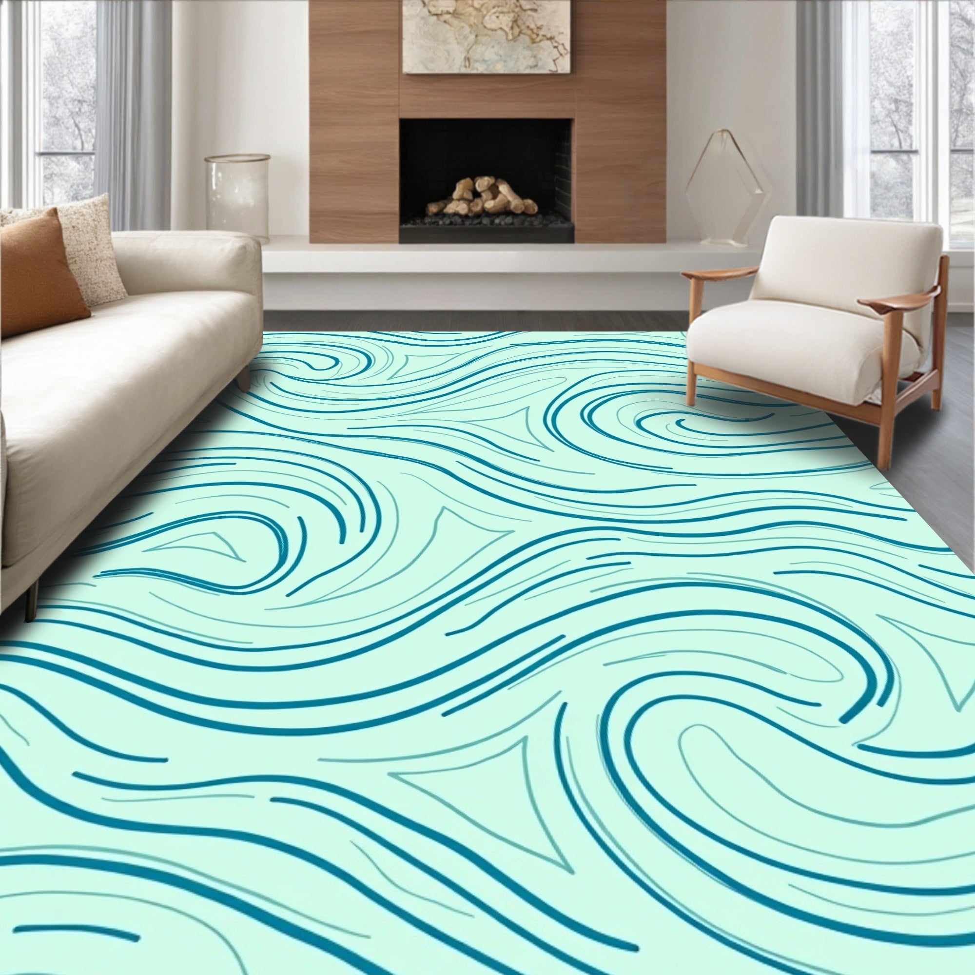 Aqua Wavy Flowing Lines Design Rug