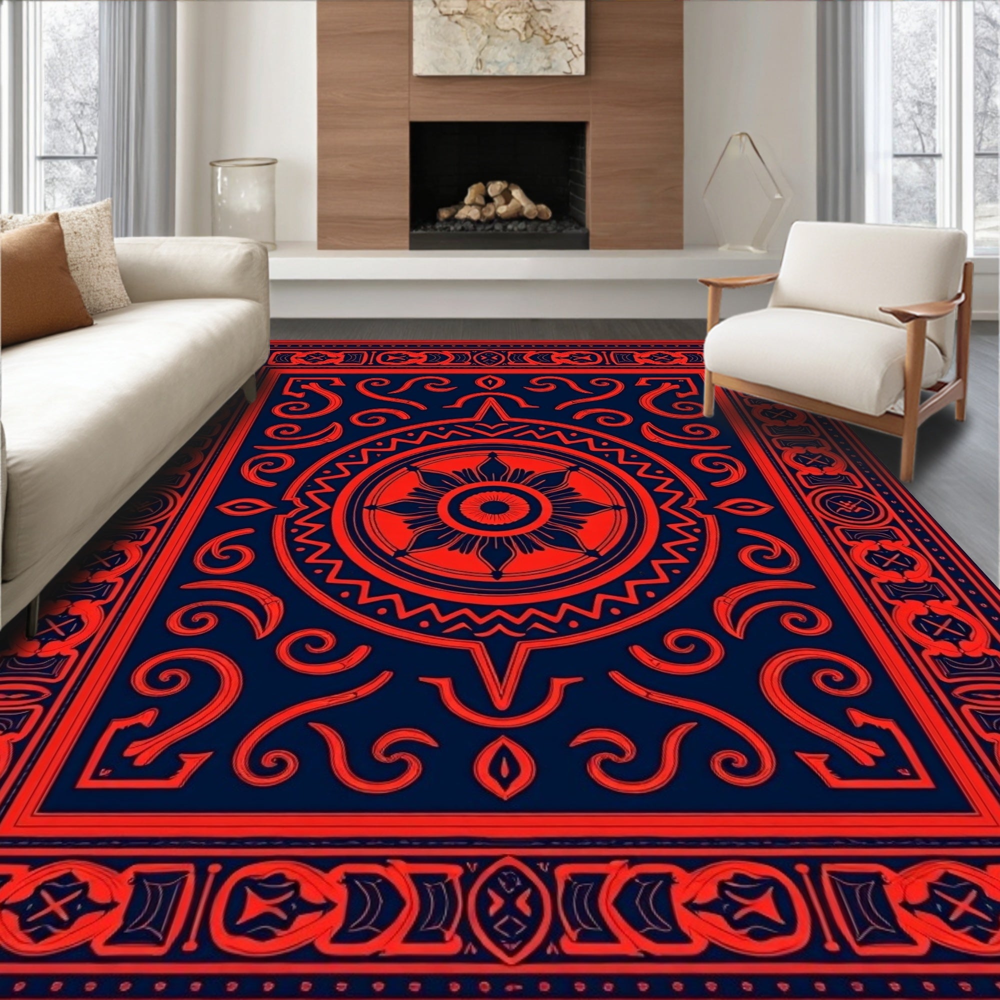 Bold Red Circular Medallion Design Rug