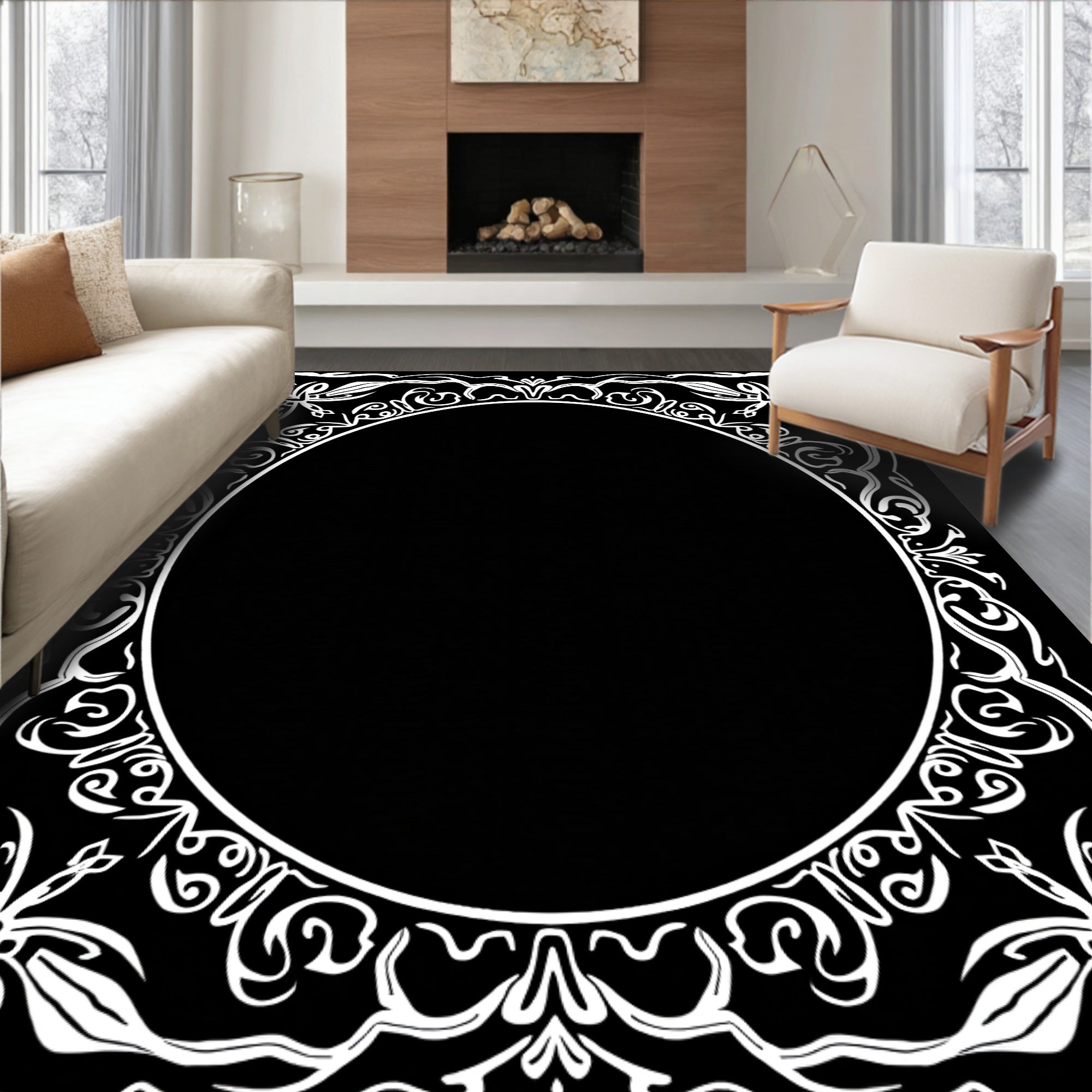 Ornate Floral Swirl Oval Border Rug