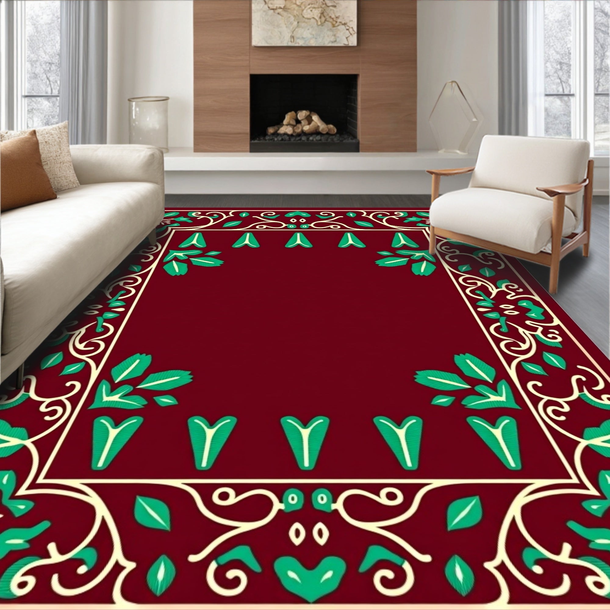 Crimson Emerald Floral Vine Border Rug