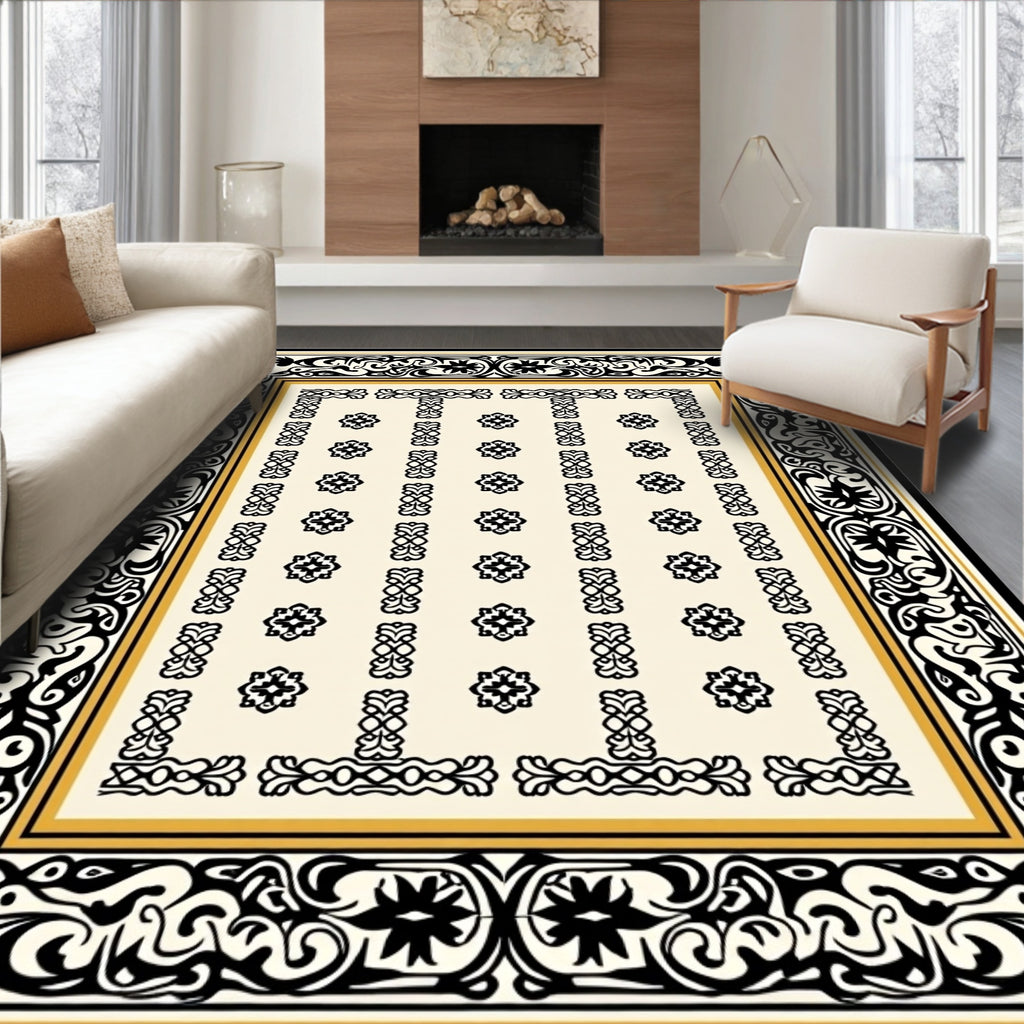 Black Gold Floral Border Design Rug