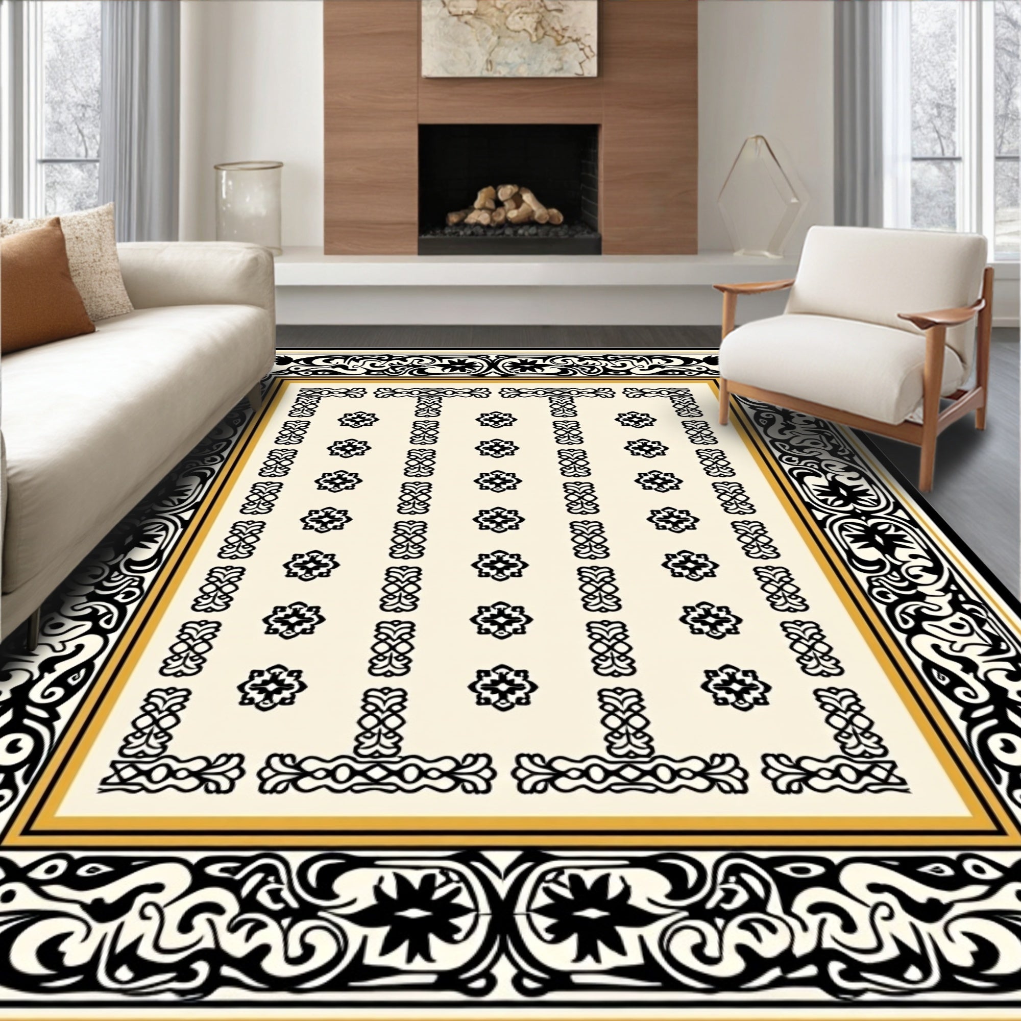 Black Gold Floral Border Design Rug
