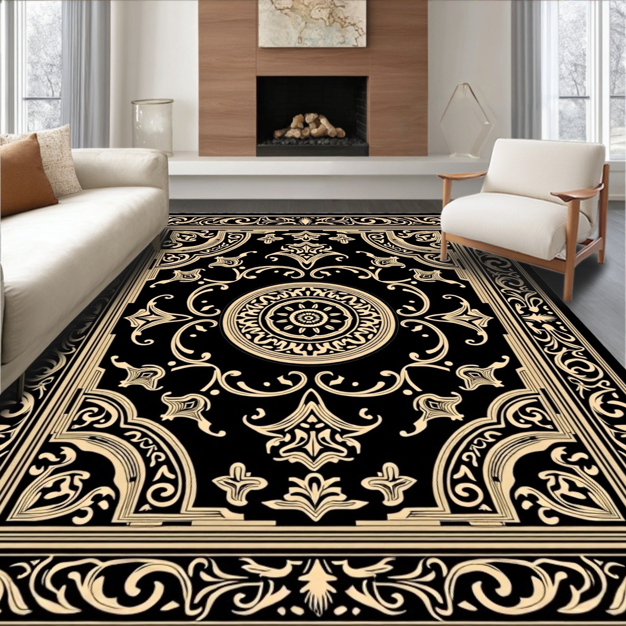 Black Gold Ornate Central Medallion Rug