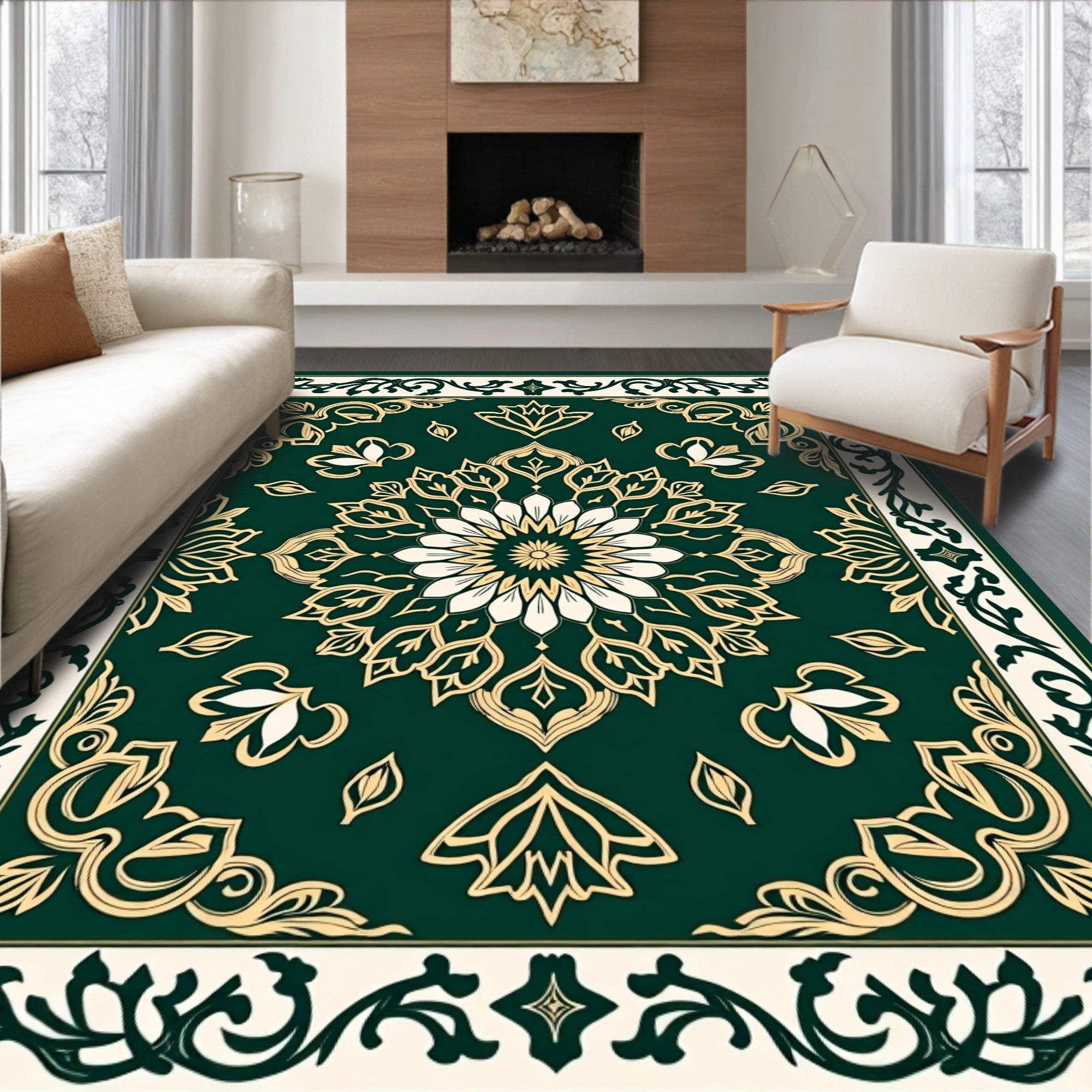 Emerald Green Mandala Floral Art Rug