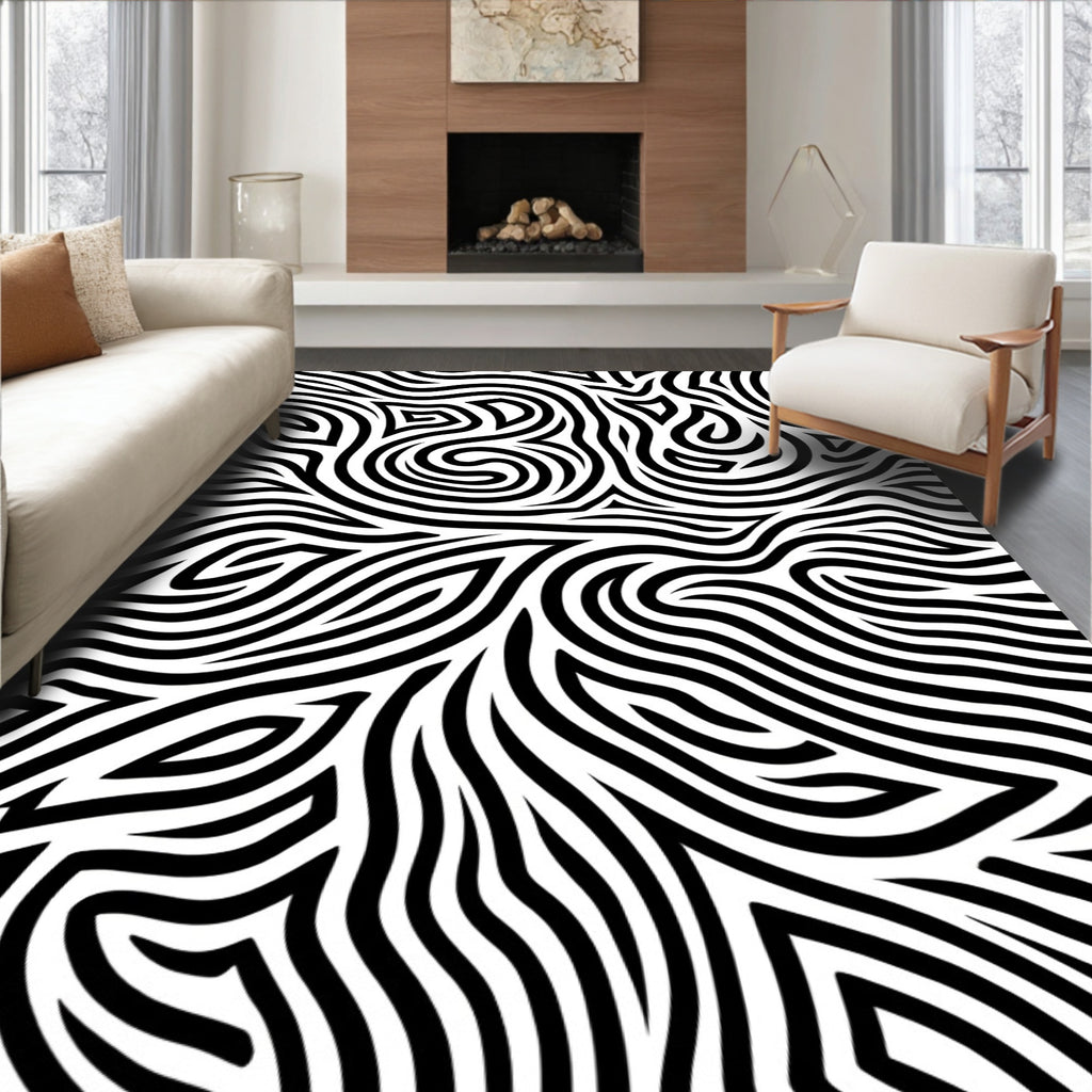 Bold Black White Swirl Pattern Rug