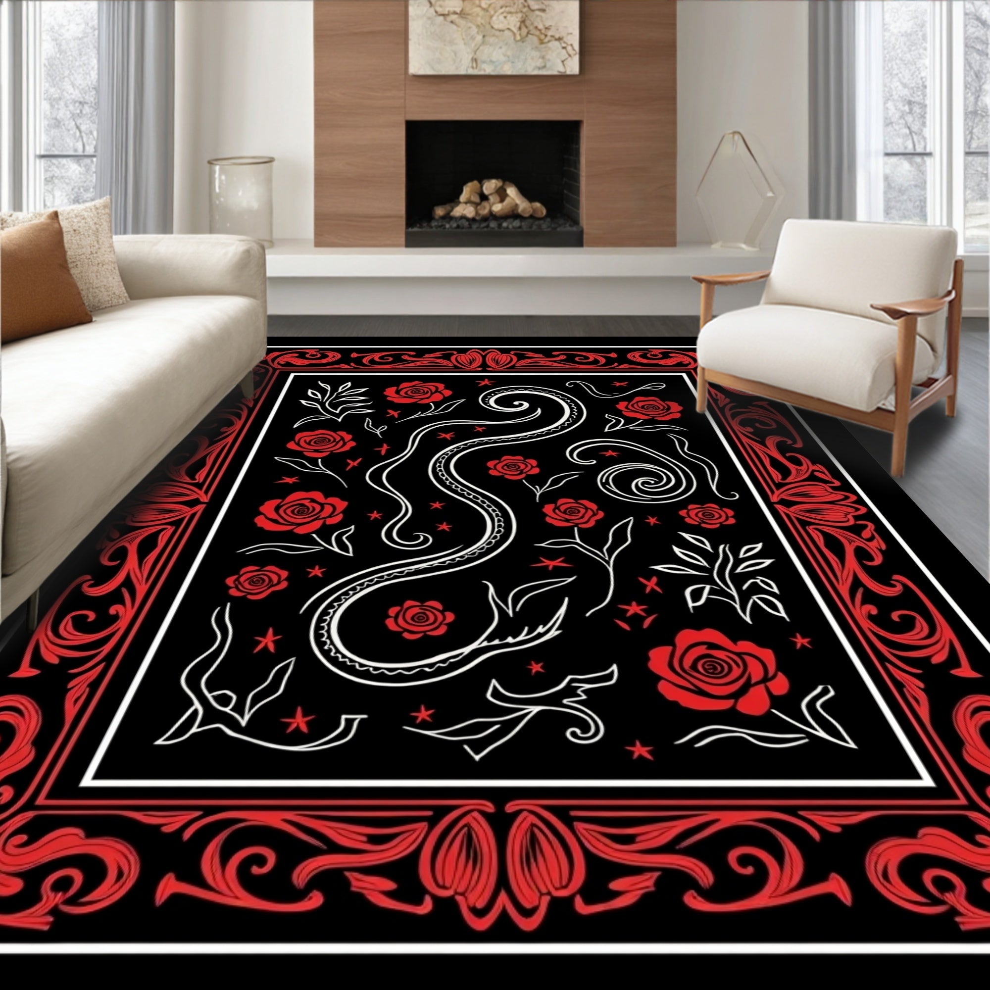 Bold Red Rose Snake Swirl Design Rug