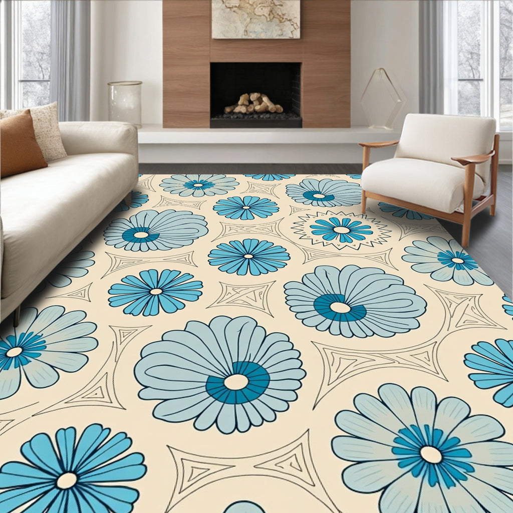 Retro Blue Floral Pattern Design Rug