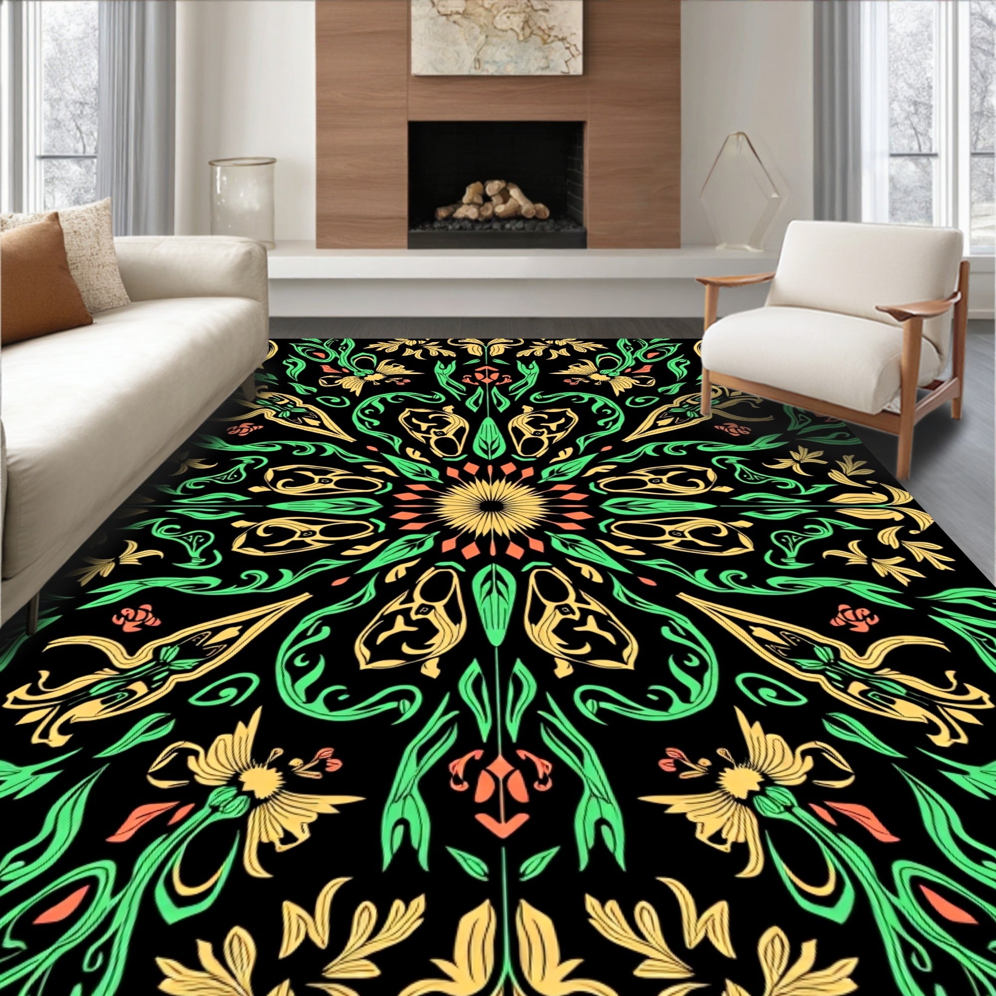 Radiant Yellow Green Floral Mandala Rug