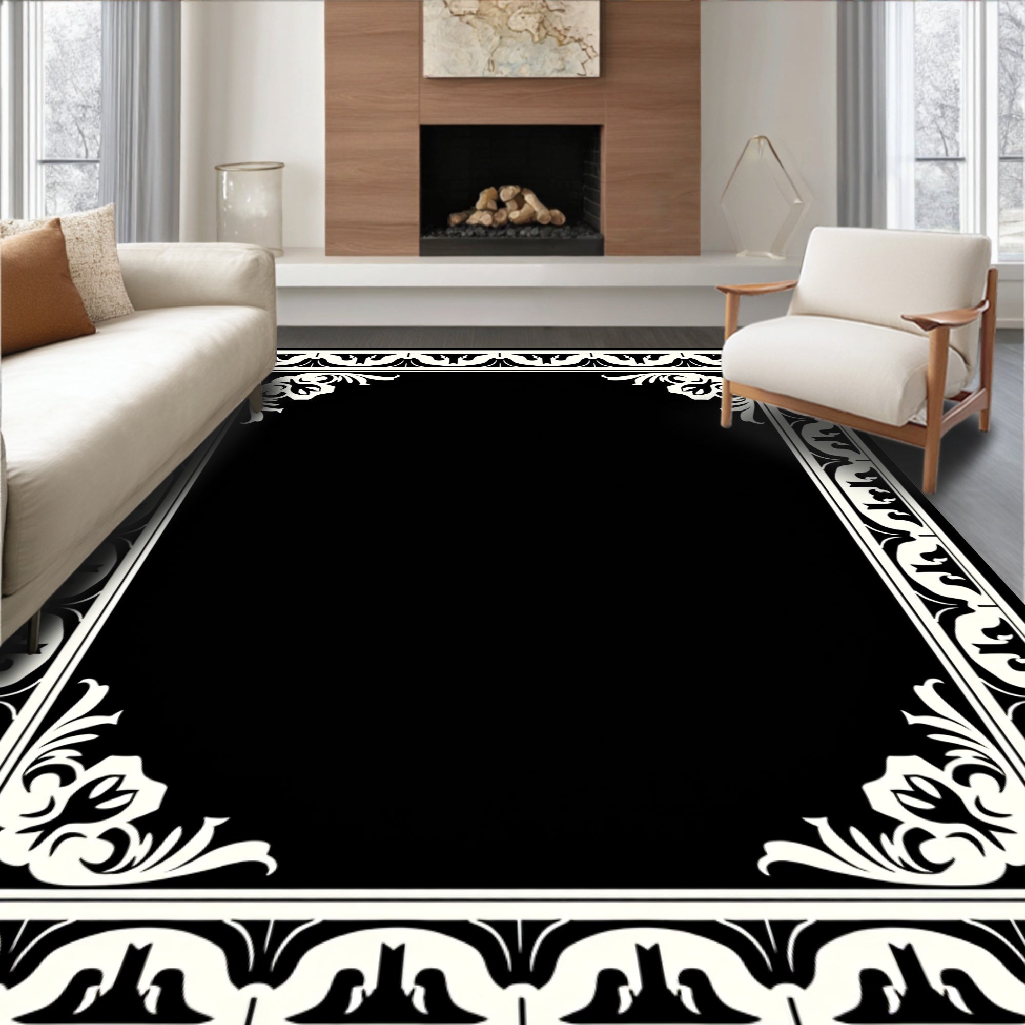 Black Ivory Ornate Scroll-Like Frame Rug