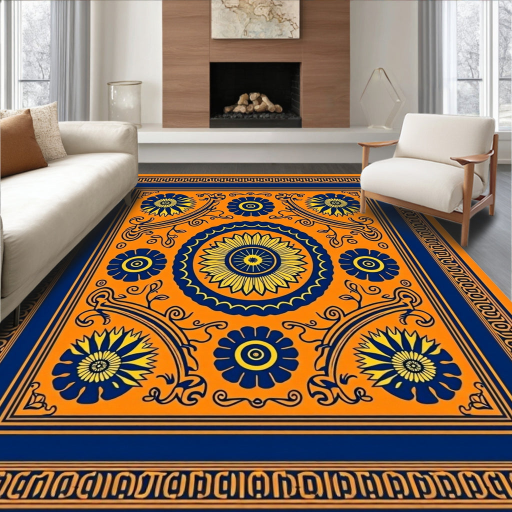 Vibrant Orange Blue Floral Medallion Rug