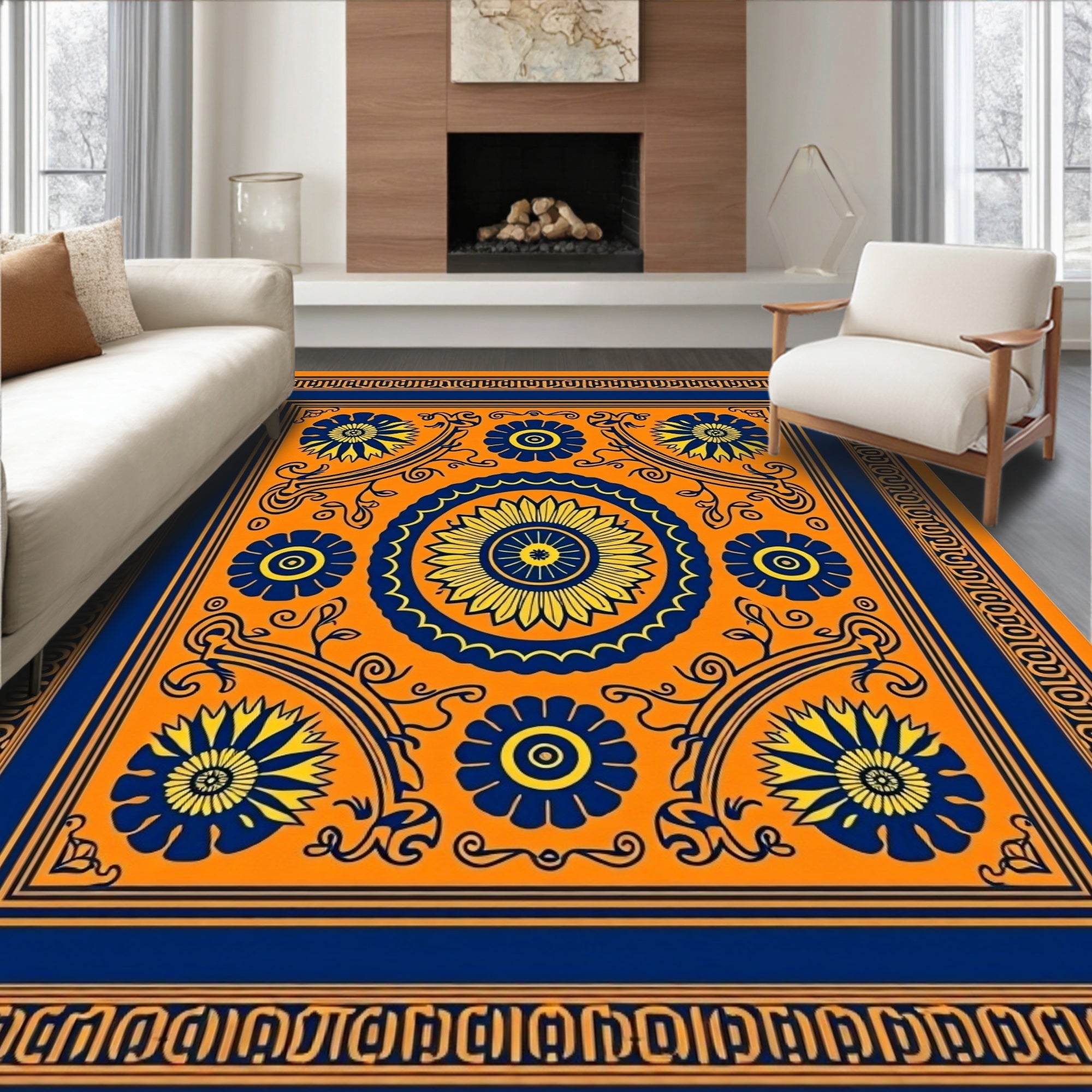 Vibrant Orange Blue Floral Medallion Rug