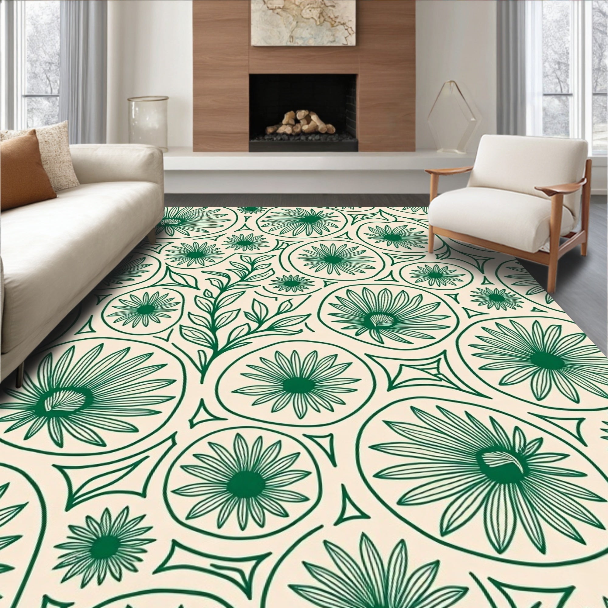Delicate Green Floral Pattern Rug