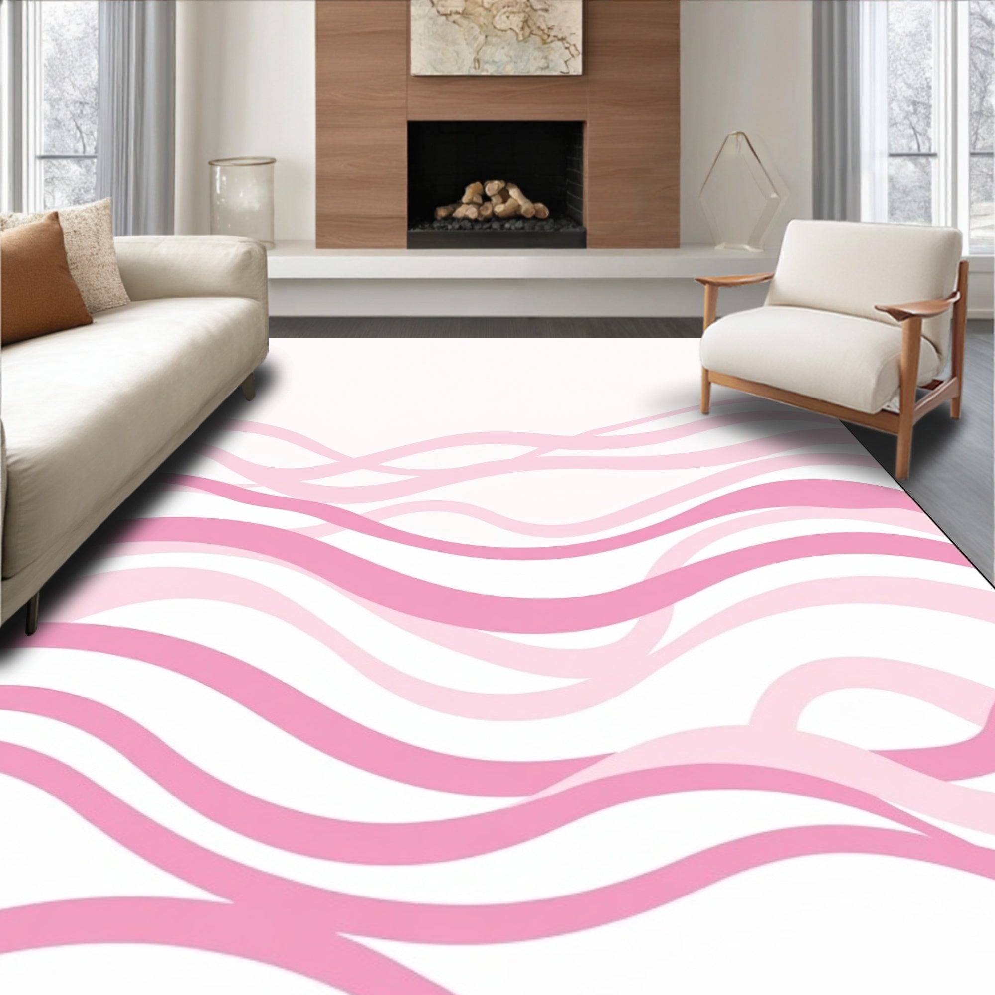 Soft Pink Wavy Abstract Lines Rug