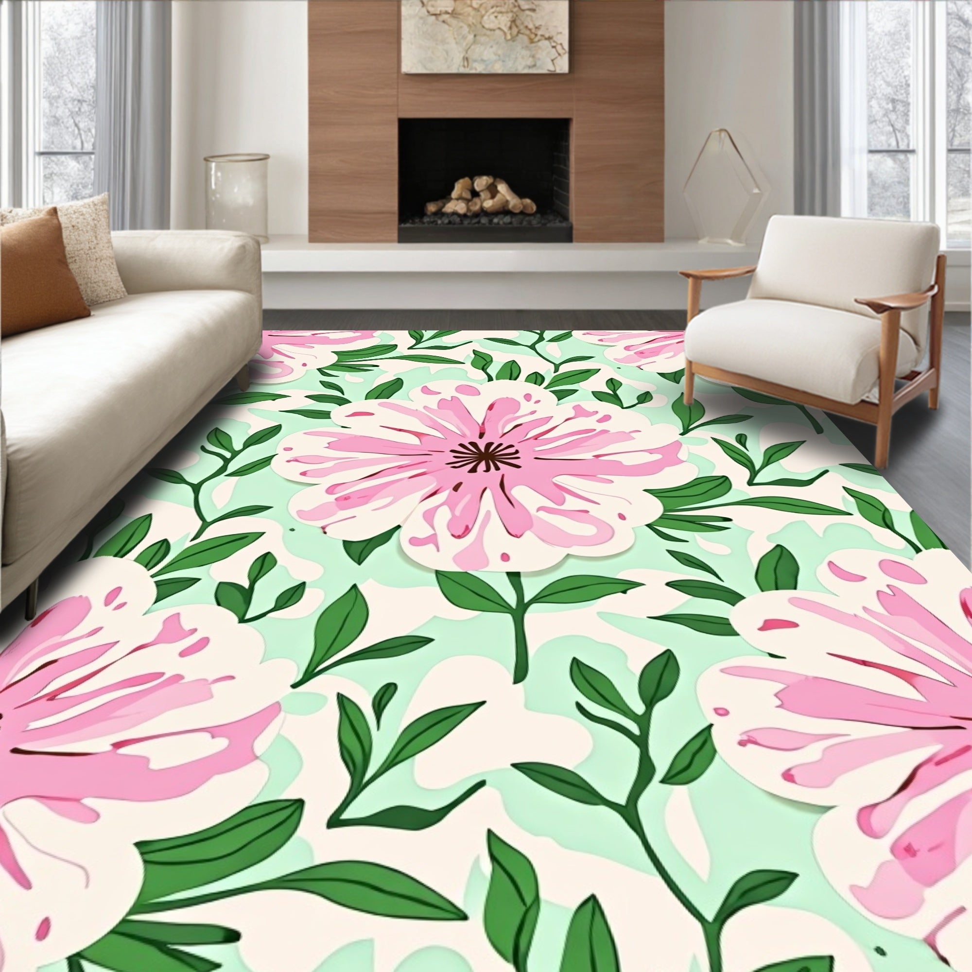 Delicate Pink Floral Vines Rug