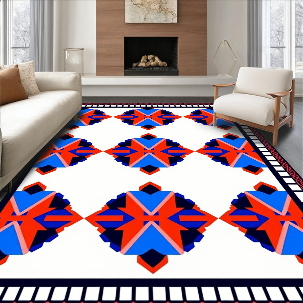 Bold Geometric Red Blue Diamond Pattern Rug
