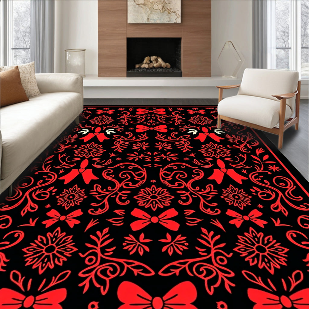 Red Black Floral Bow Scroll Rug