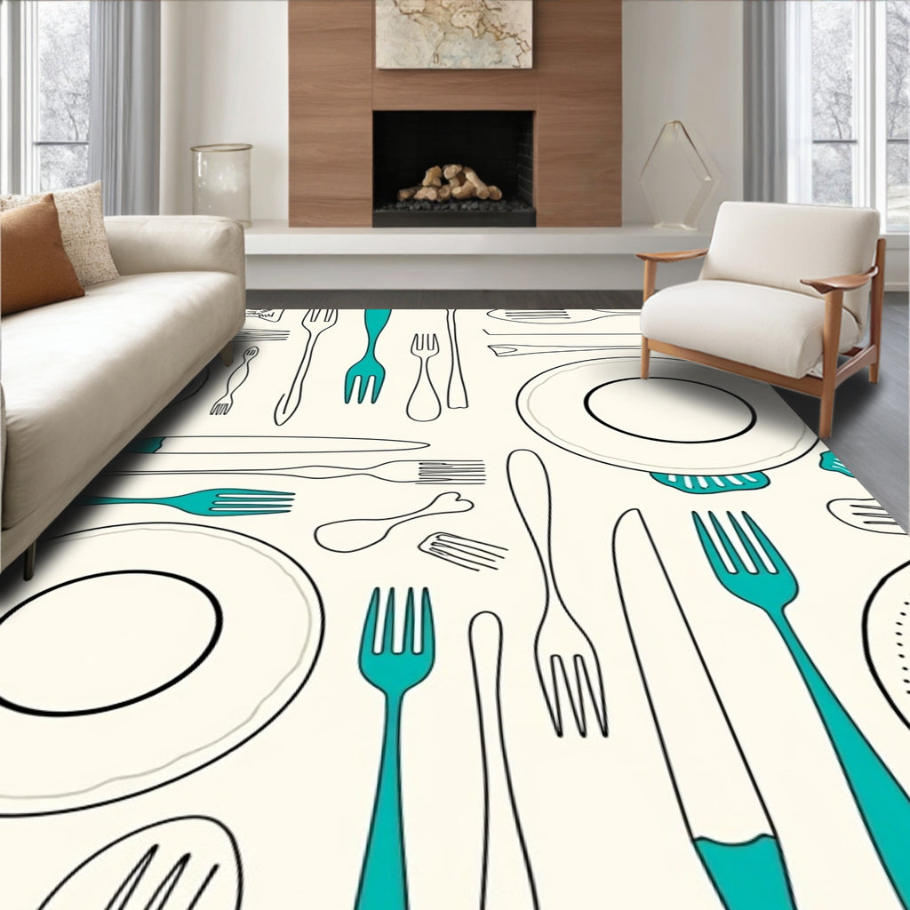 Teal Utensil Collection Cream Rug