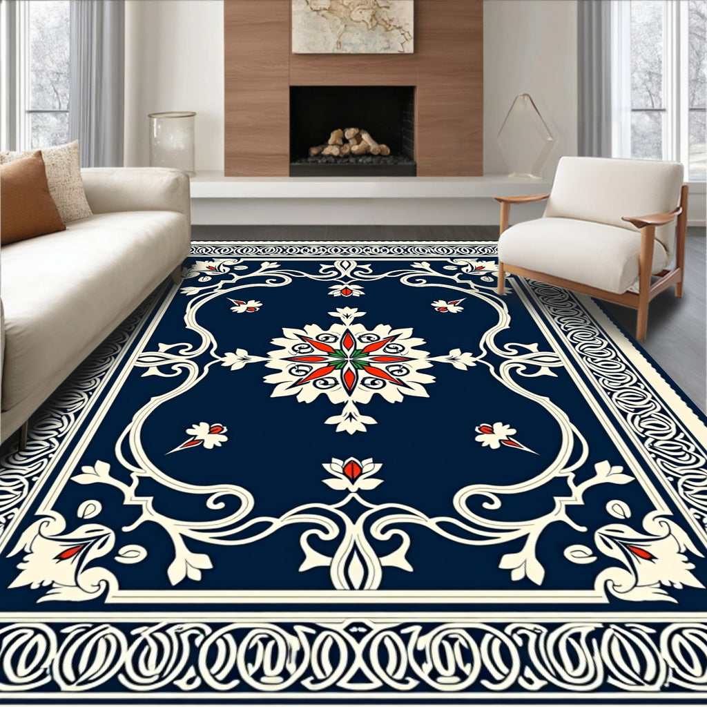 Elegant Navy Floral Motif Rug