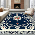 Elegant Navy Floral Motif Rug